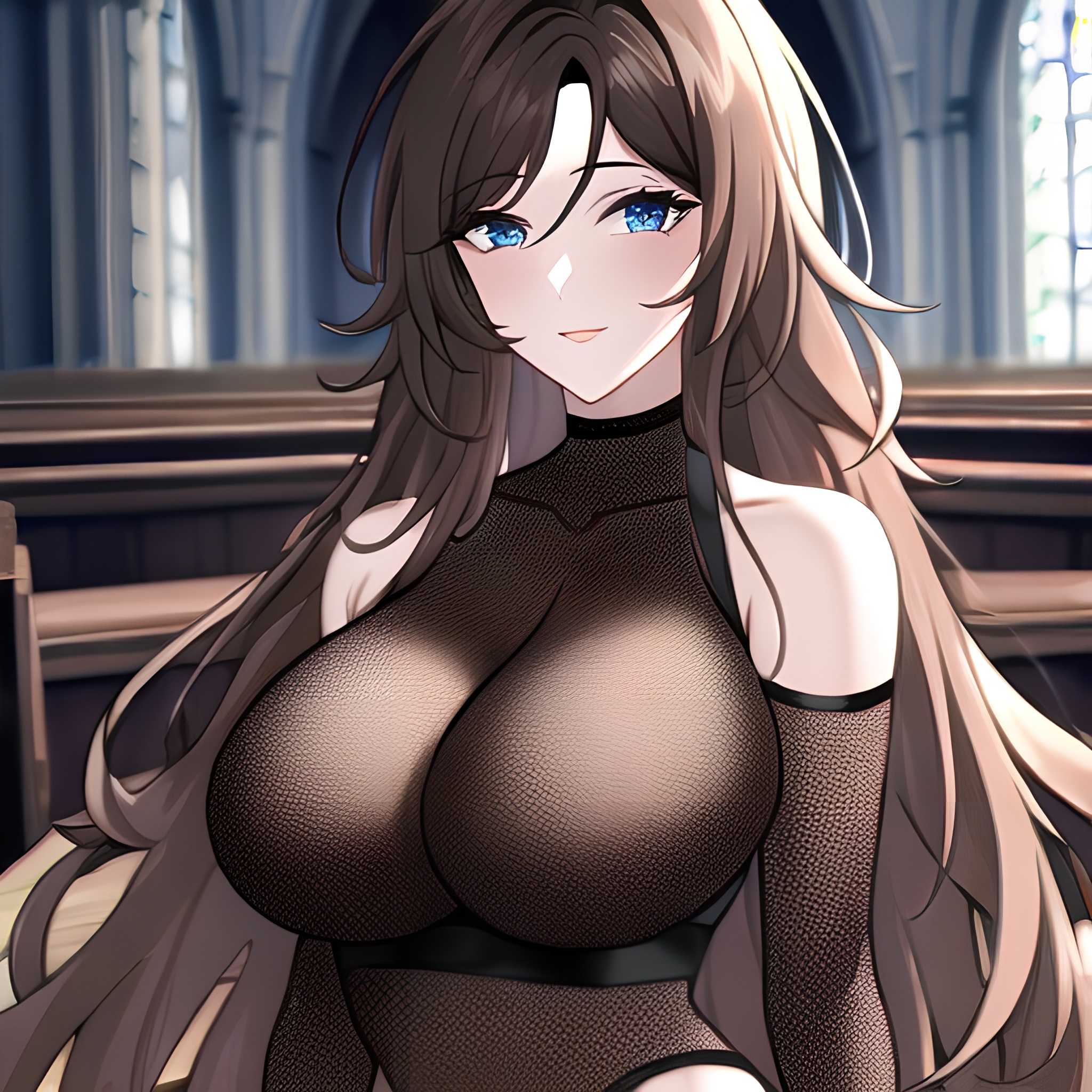 brunette messy hair church woman fishnet long hair 