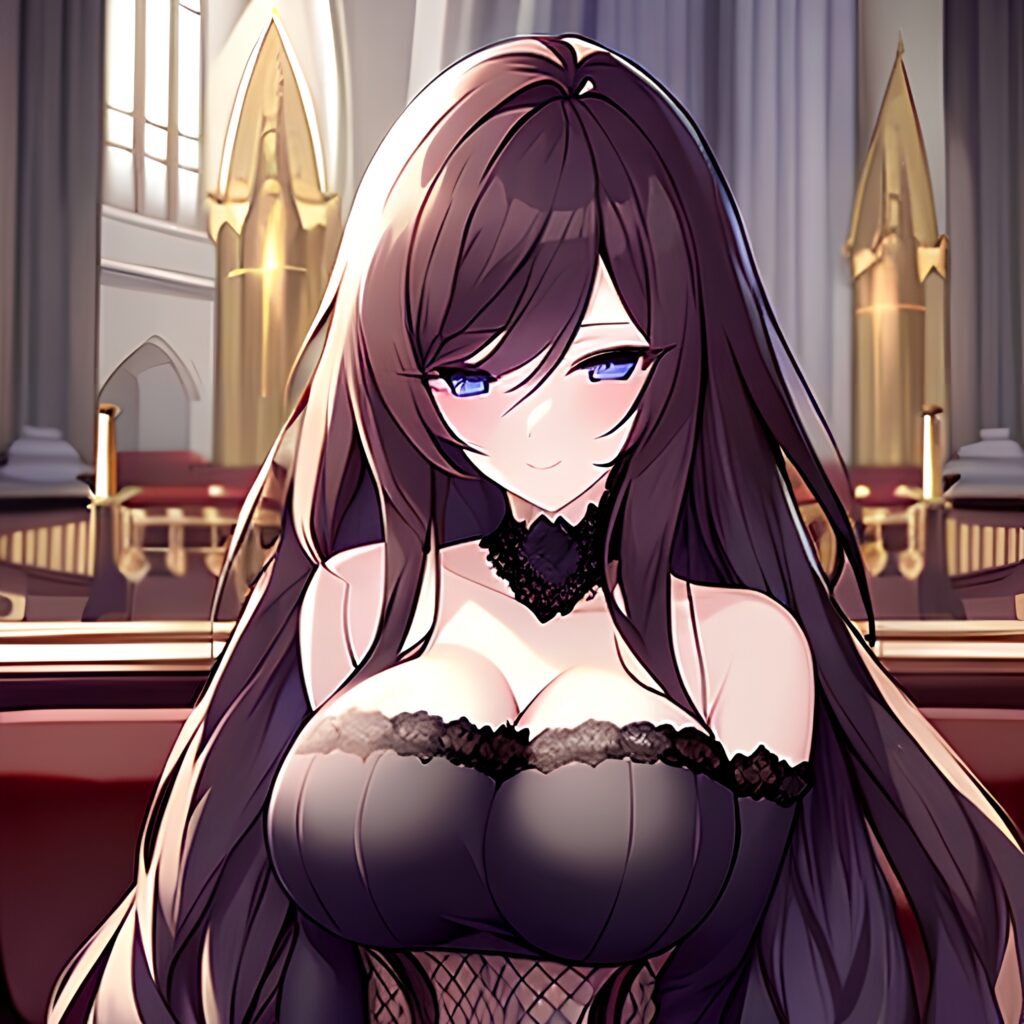 brunette messy hair church woman fishnet long hair 