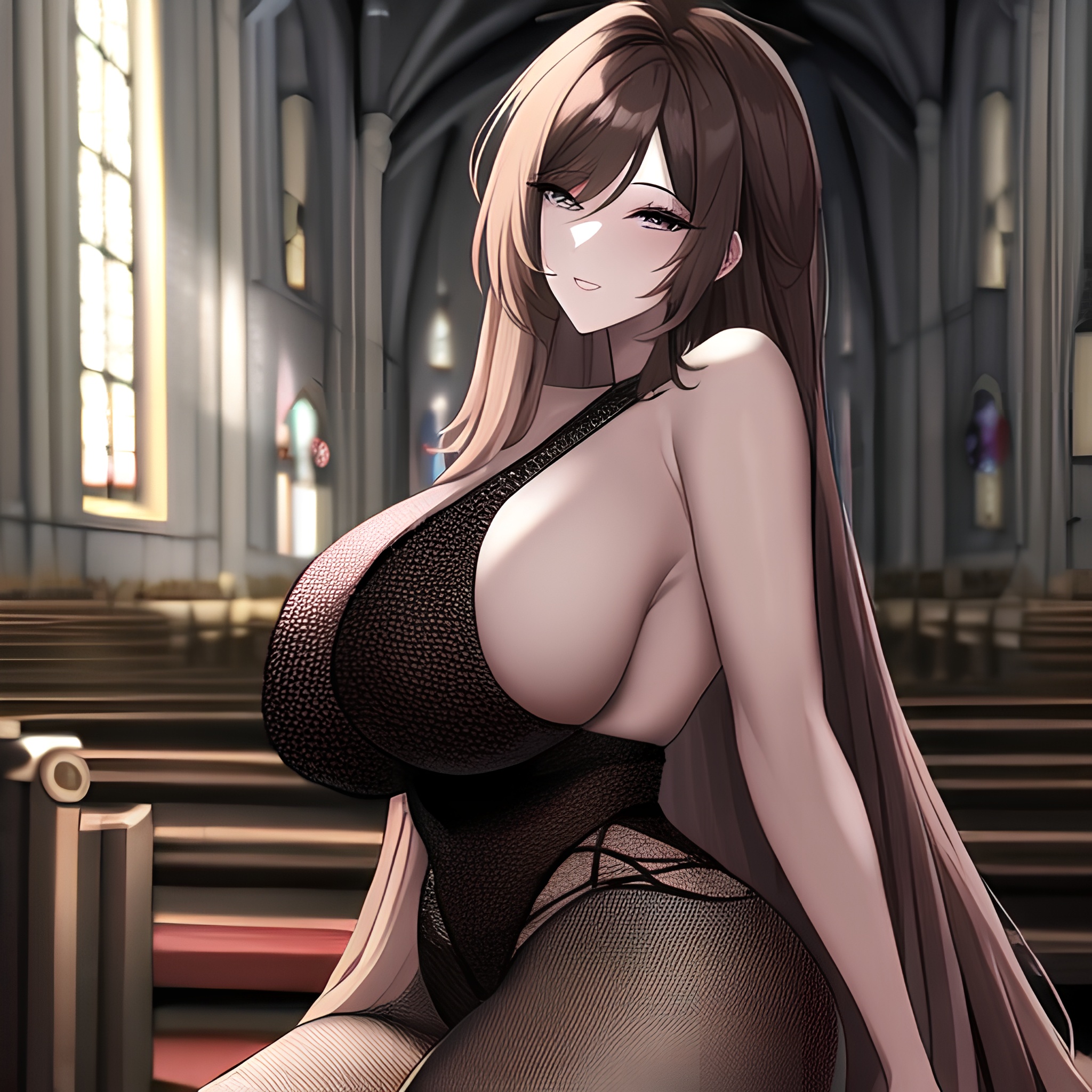brunette messy hair church woman long hair fishnet