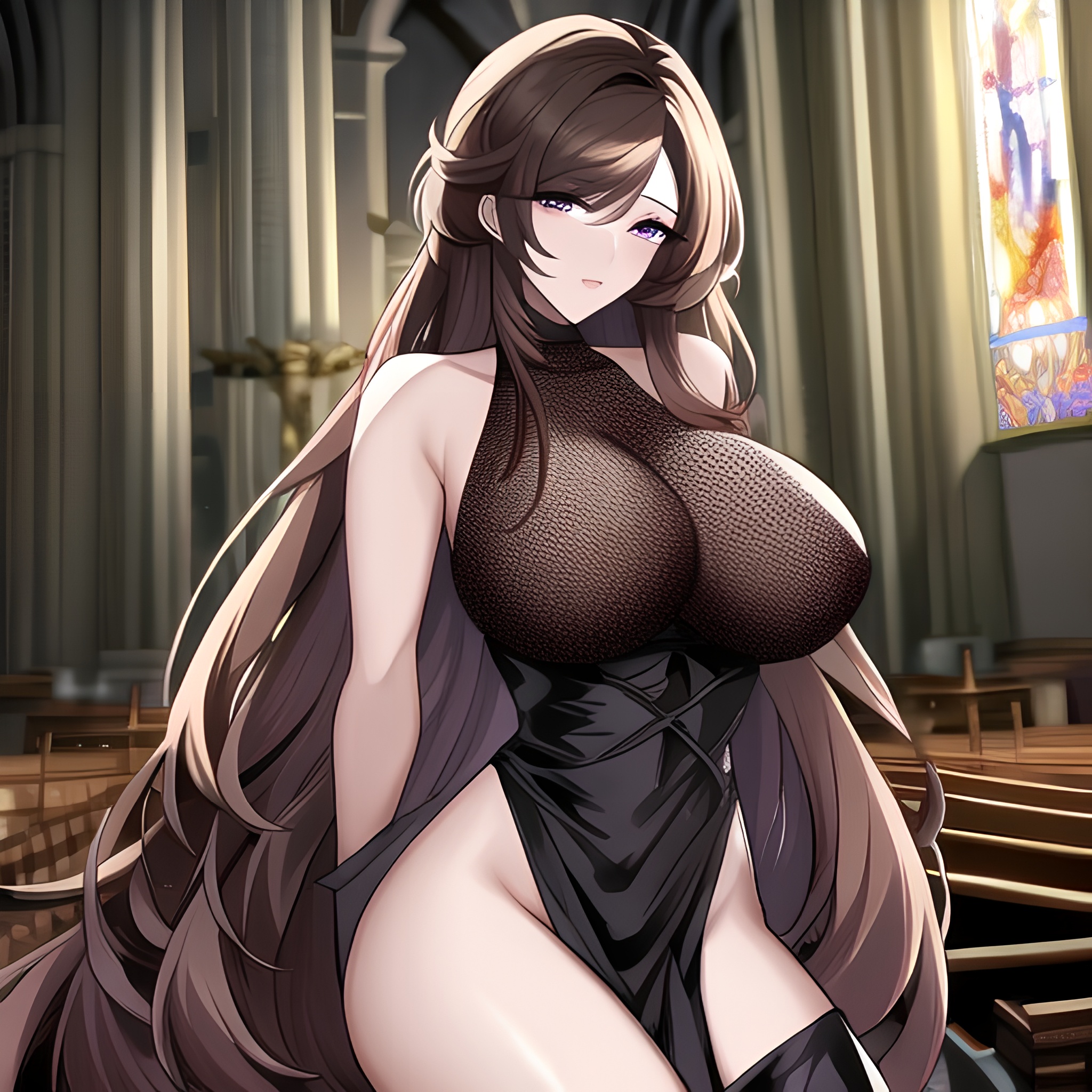 brunette messy hair church woman long hair fishnet 