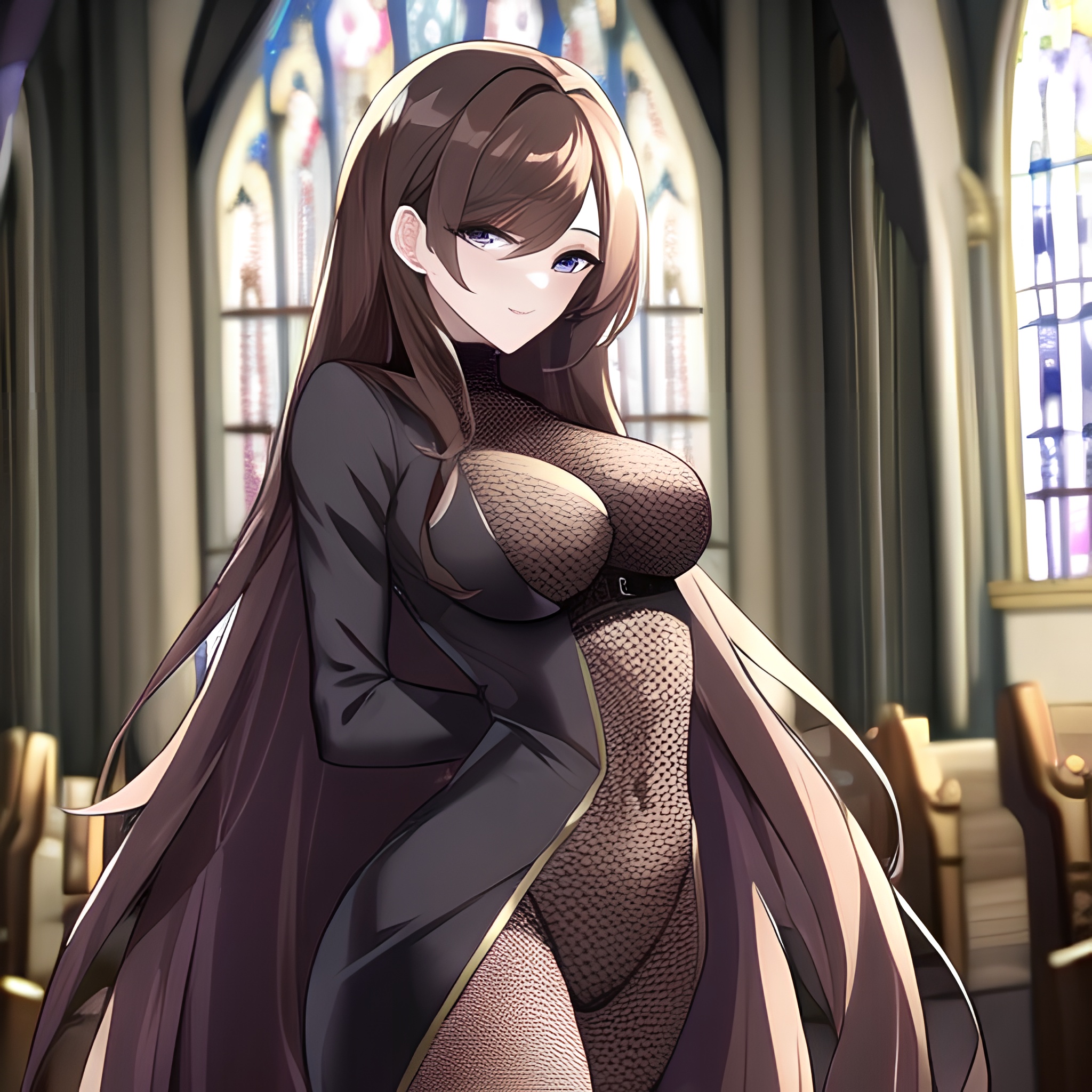 brunette messy hair church woman long hair fishnet 