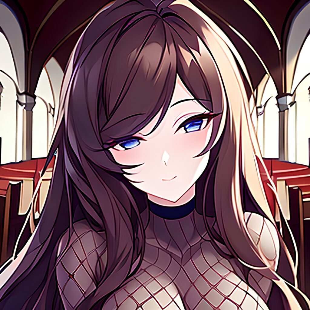 brunette messy hair church woman long hair fishnet 