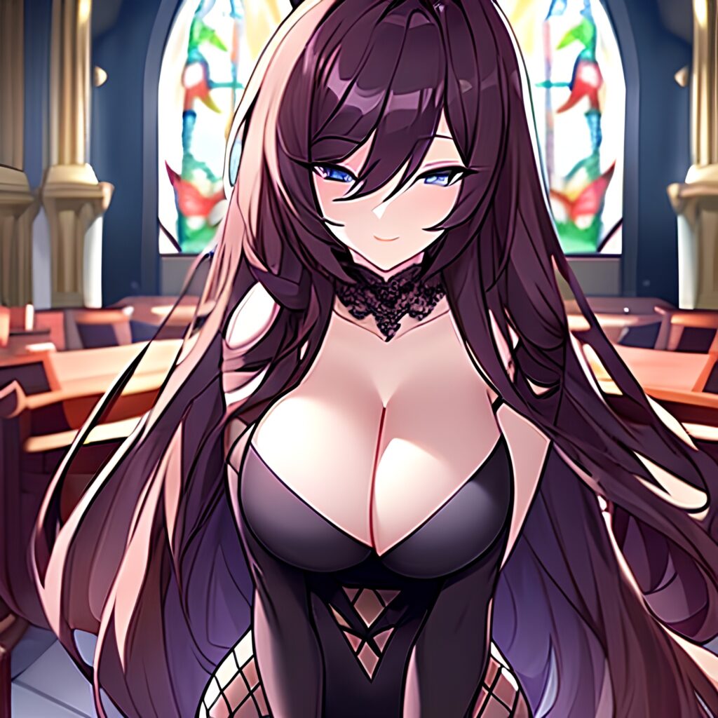 brunette messy hair church woman long hair fishnet 