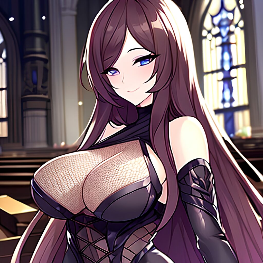 brunette messy hair church woman long hair fishnet 