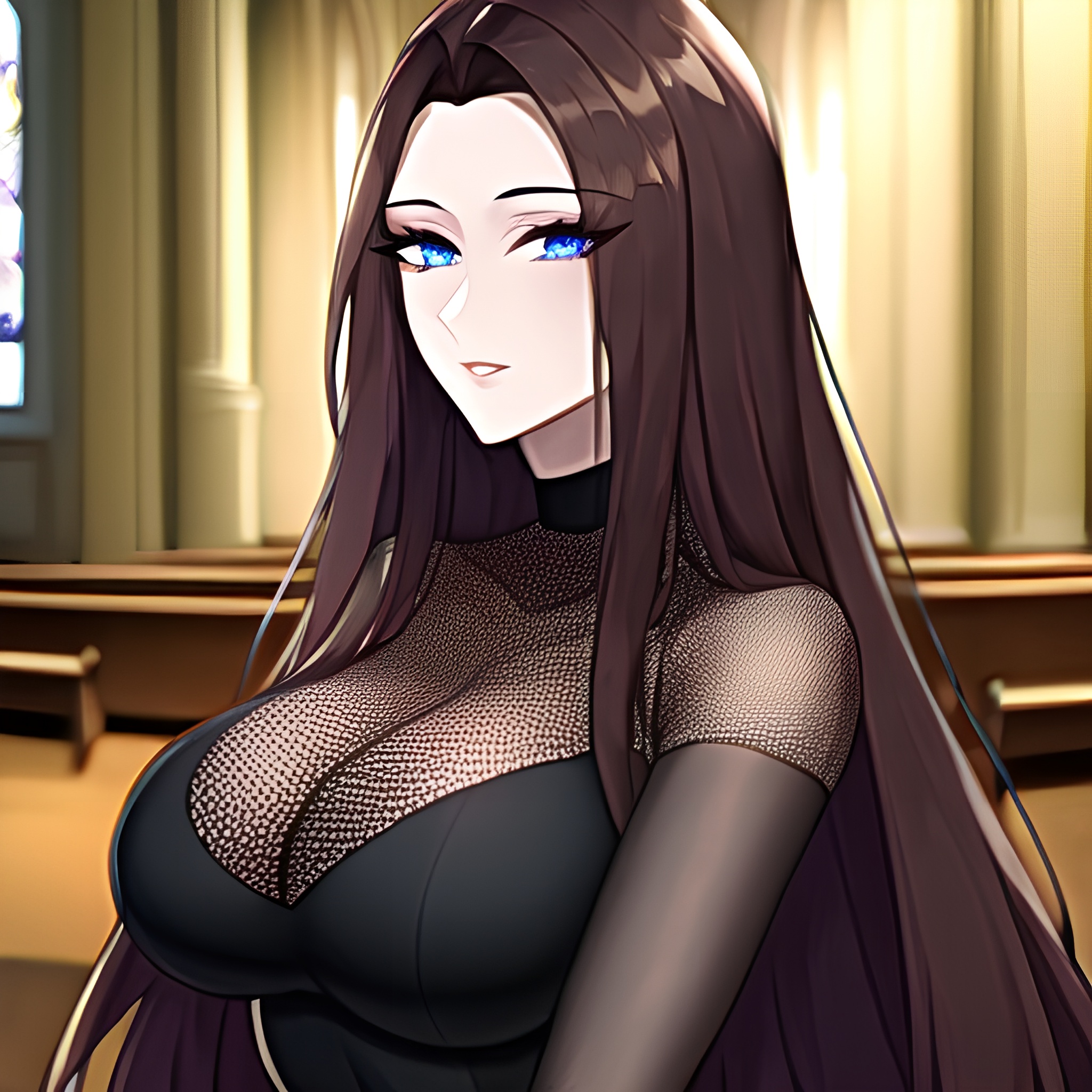 brunette messy hair fishnet church long hair woman 