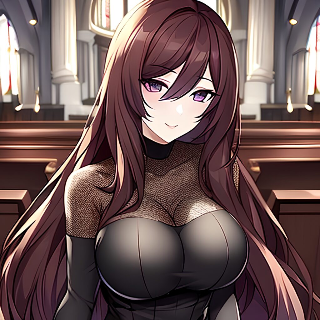 brunette messy hair fishnet church woman long hair 