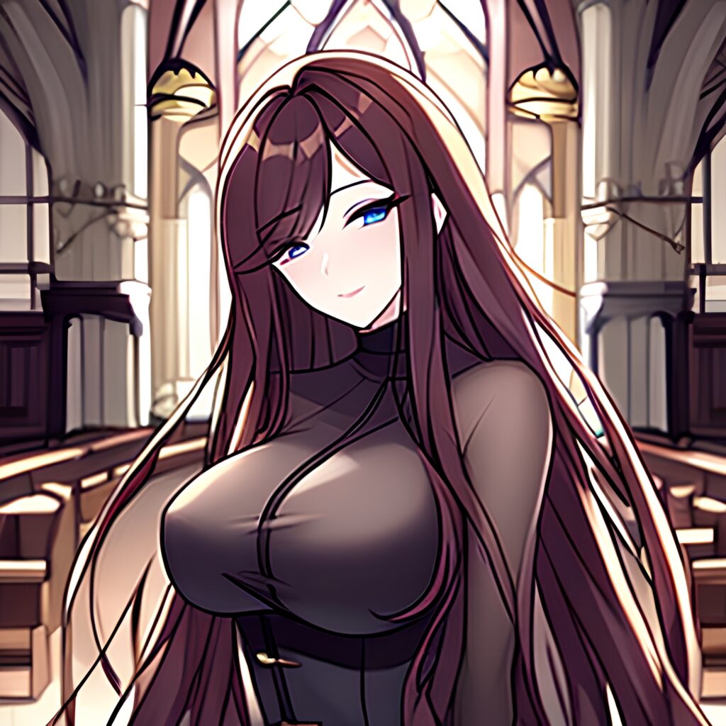 brunette messy hair fishnet church woman long hair 