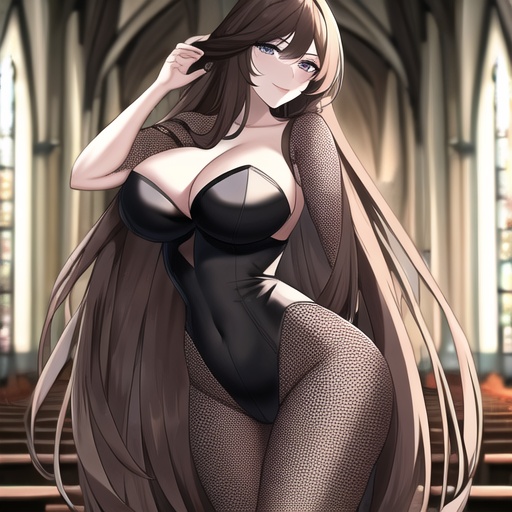 brunette messy hair fishnet church woman long hair