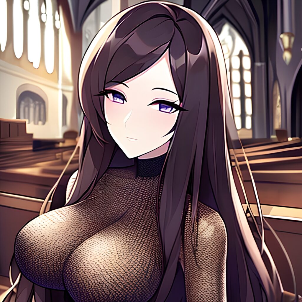 brunette messy hair fishnet church woman long hair 