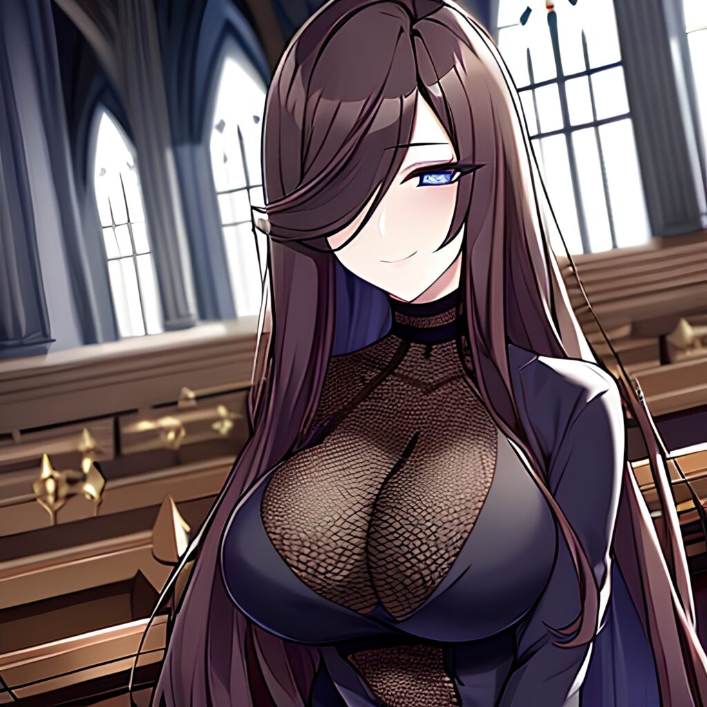 brunette messy hair fishnet church woman long hair 