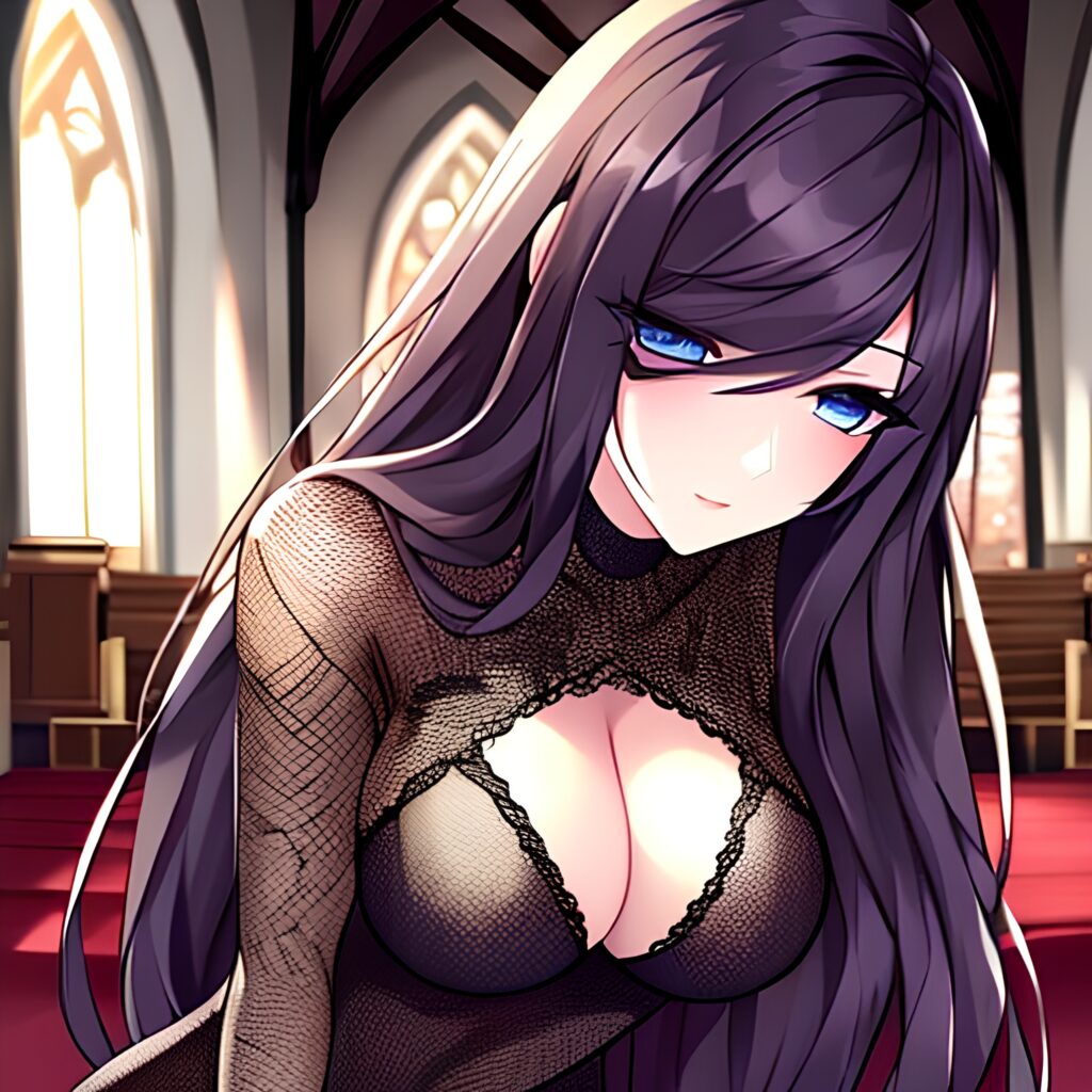 brunette messy hair fishnet church woman long hair 