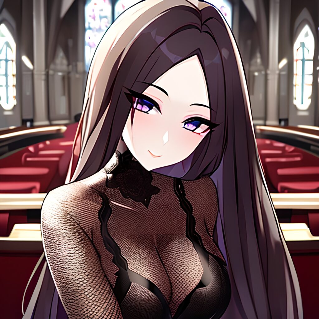 brunette messy hair fishnet church woman long hair 