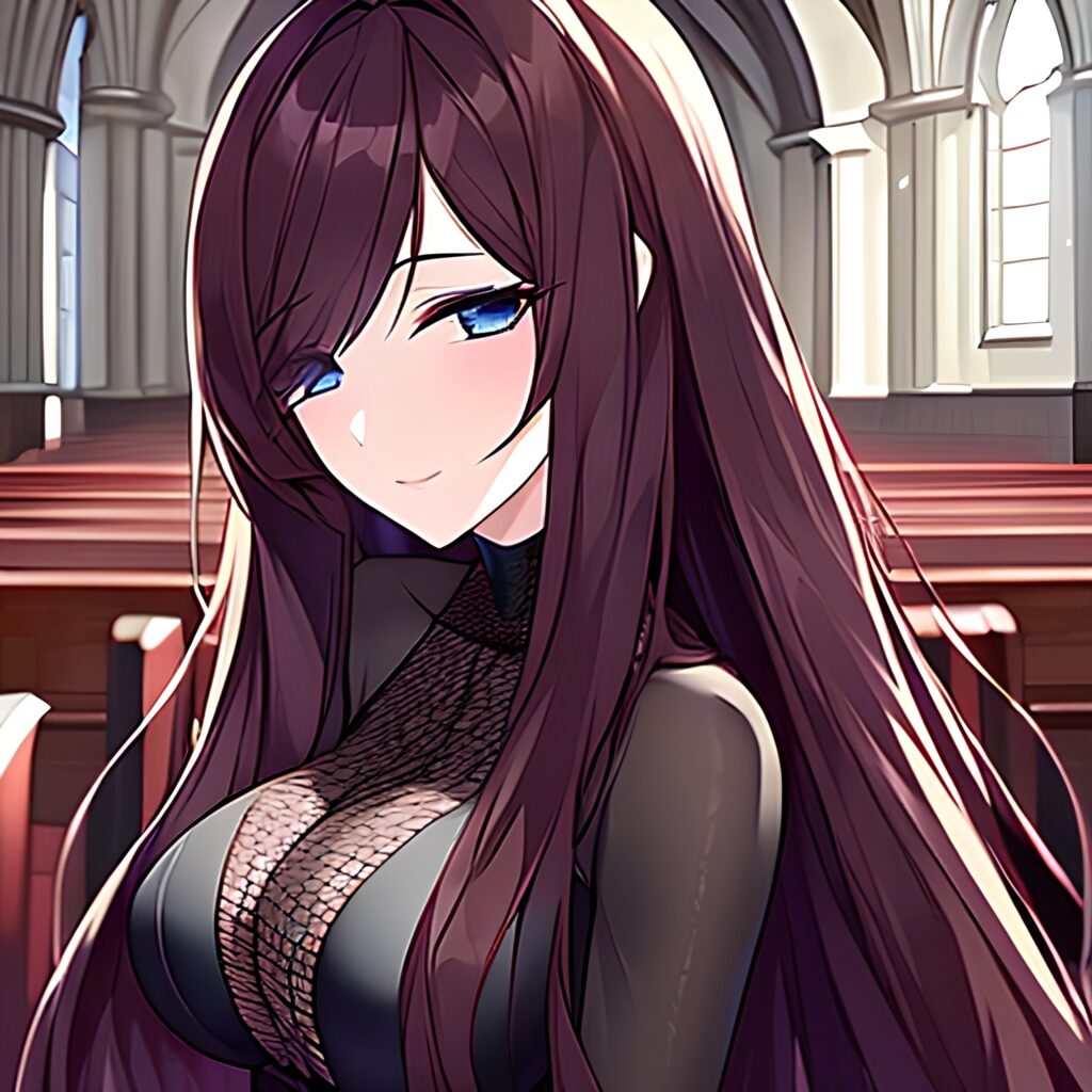 brunette messy hair fishnet long hair church woman 