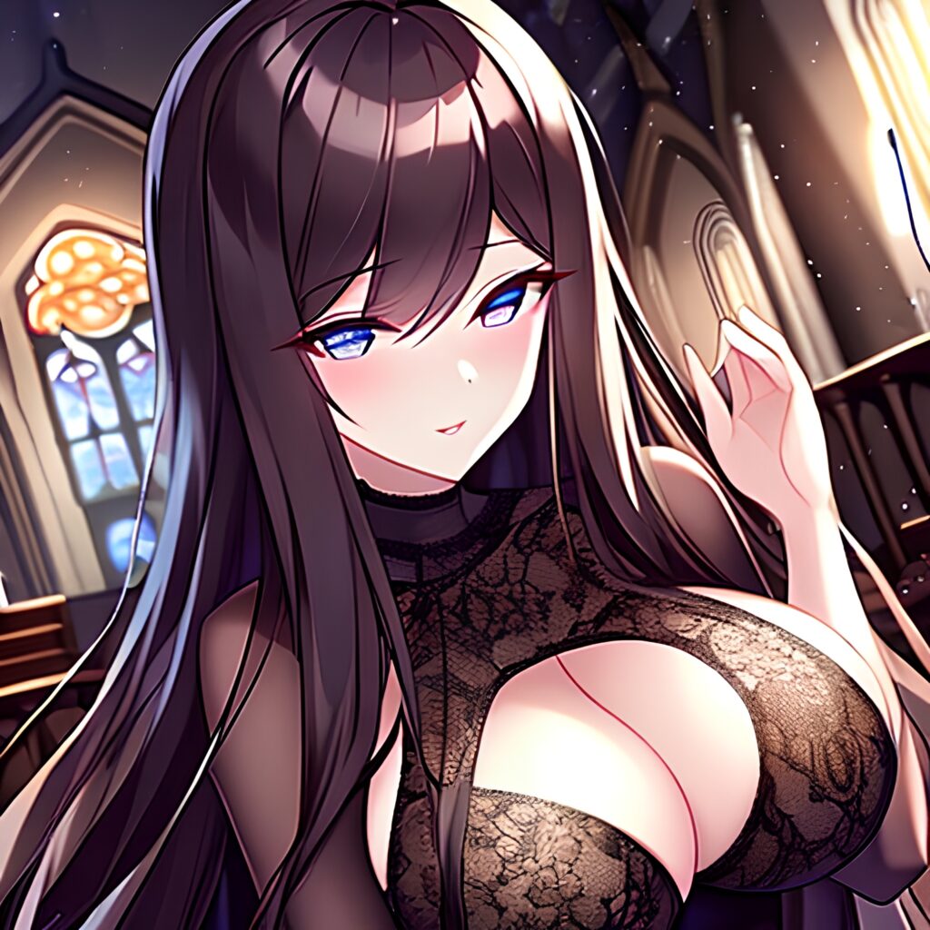 brunette messy hair fishnet long hair church woman 