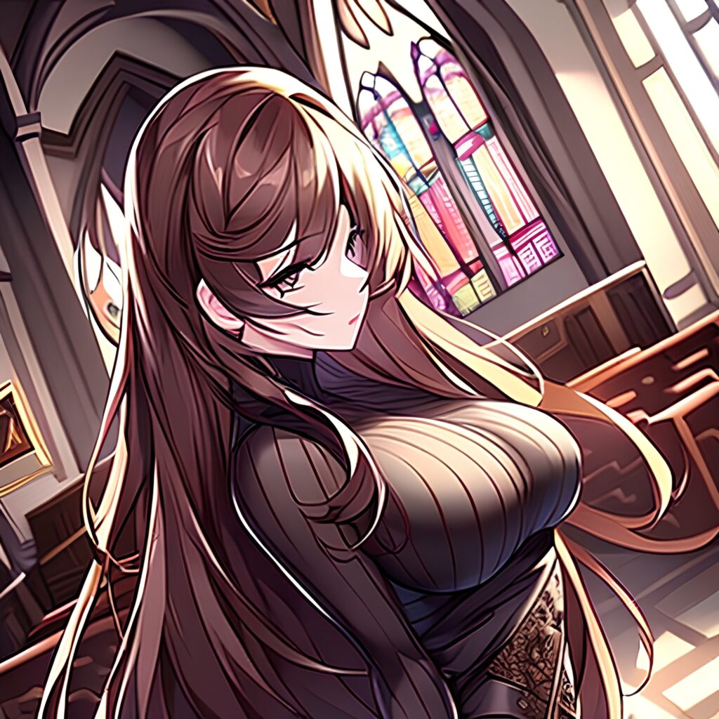 brunette messy hair fishnet long hair church woman 