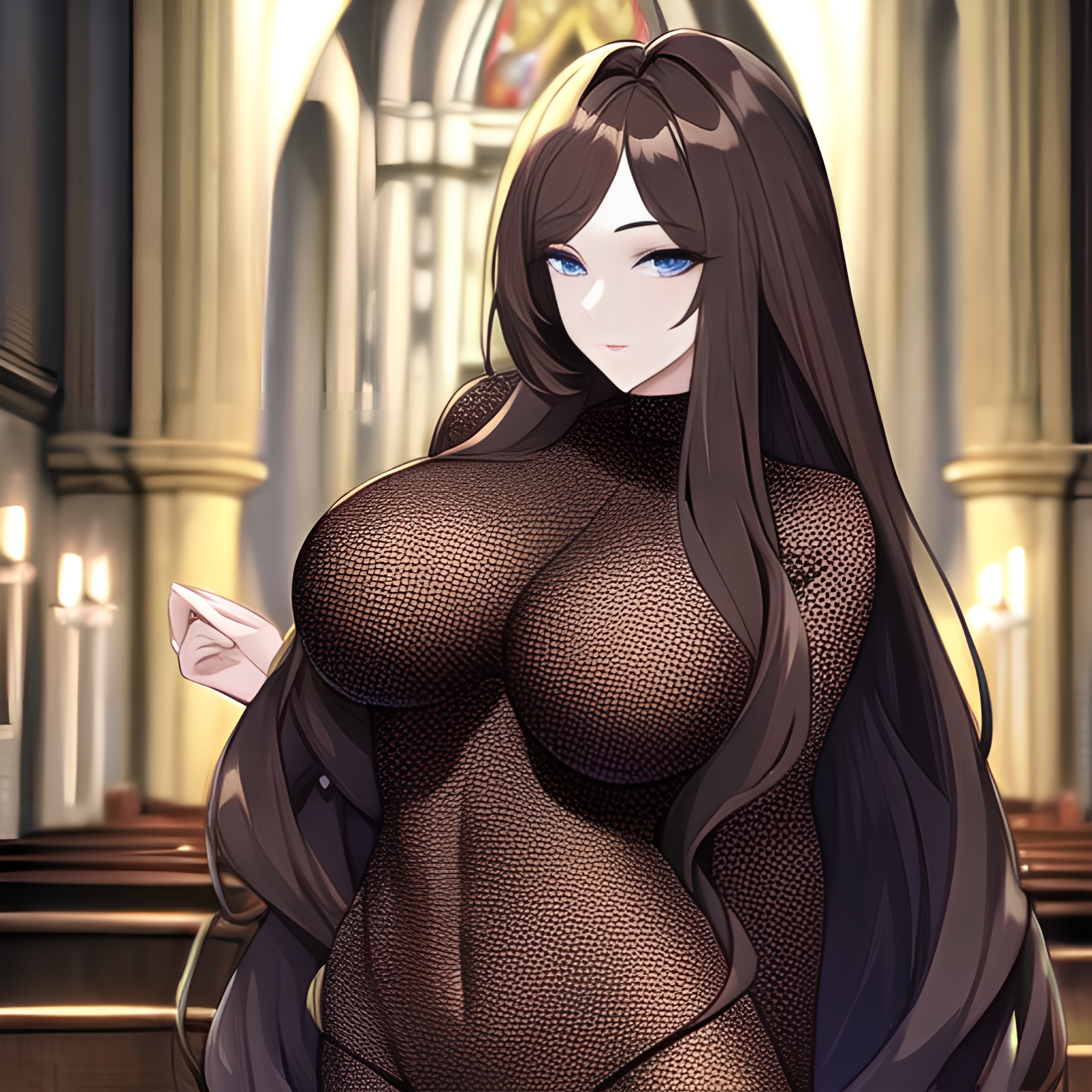 brunette messy hair fishnet long hair church woman 