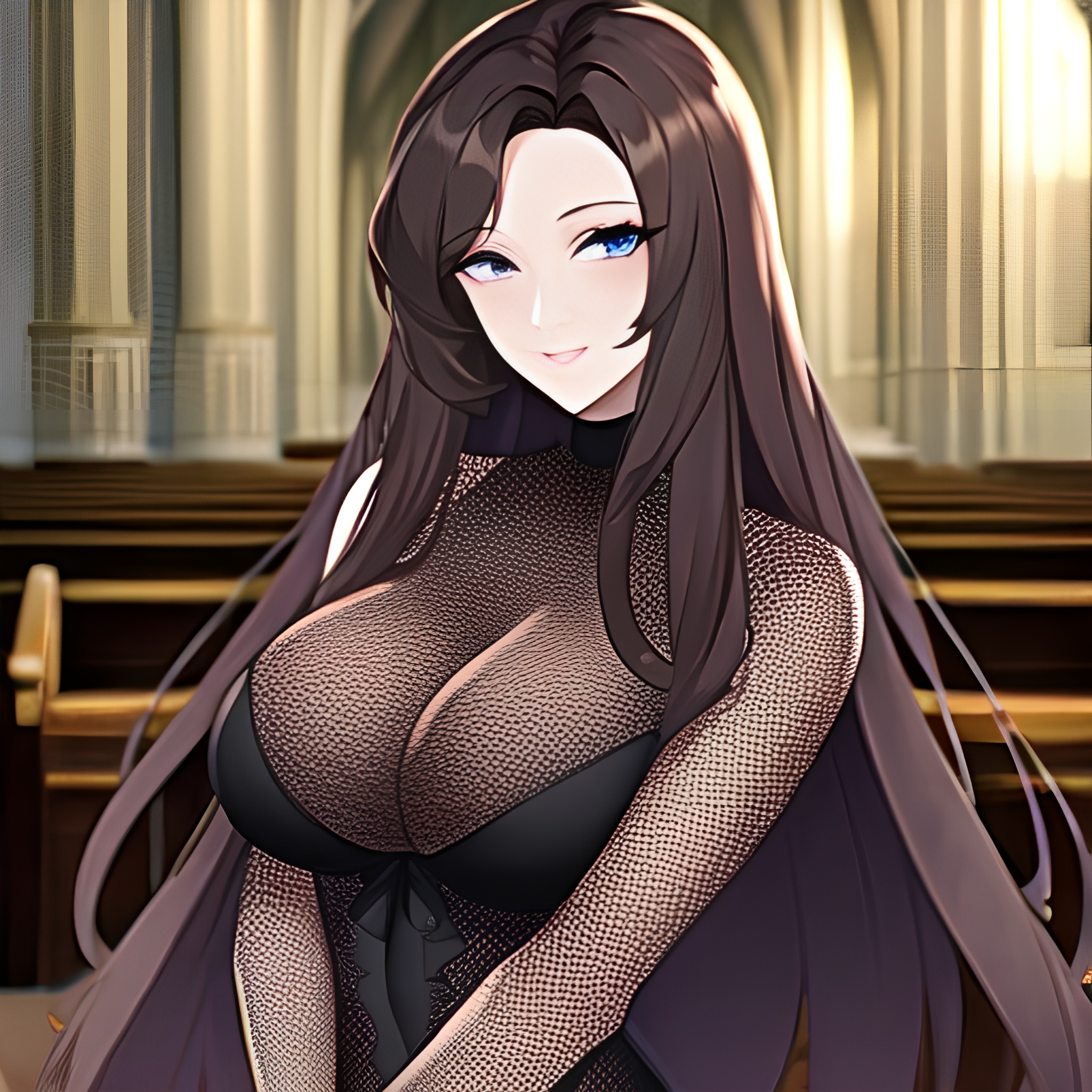 brunette messy hair fishnet long hair woman church 