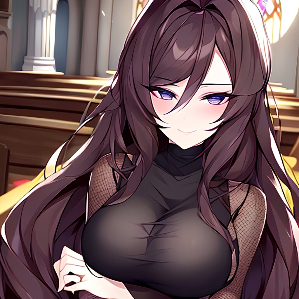 brunette messy hair fishnet long hair woman church 