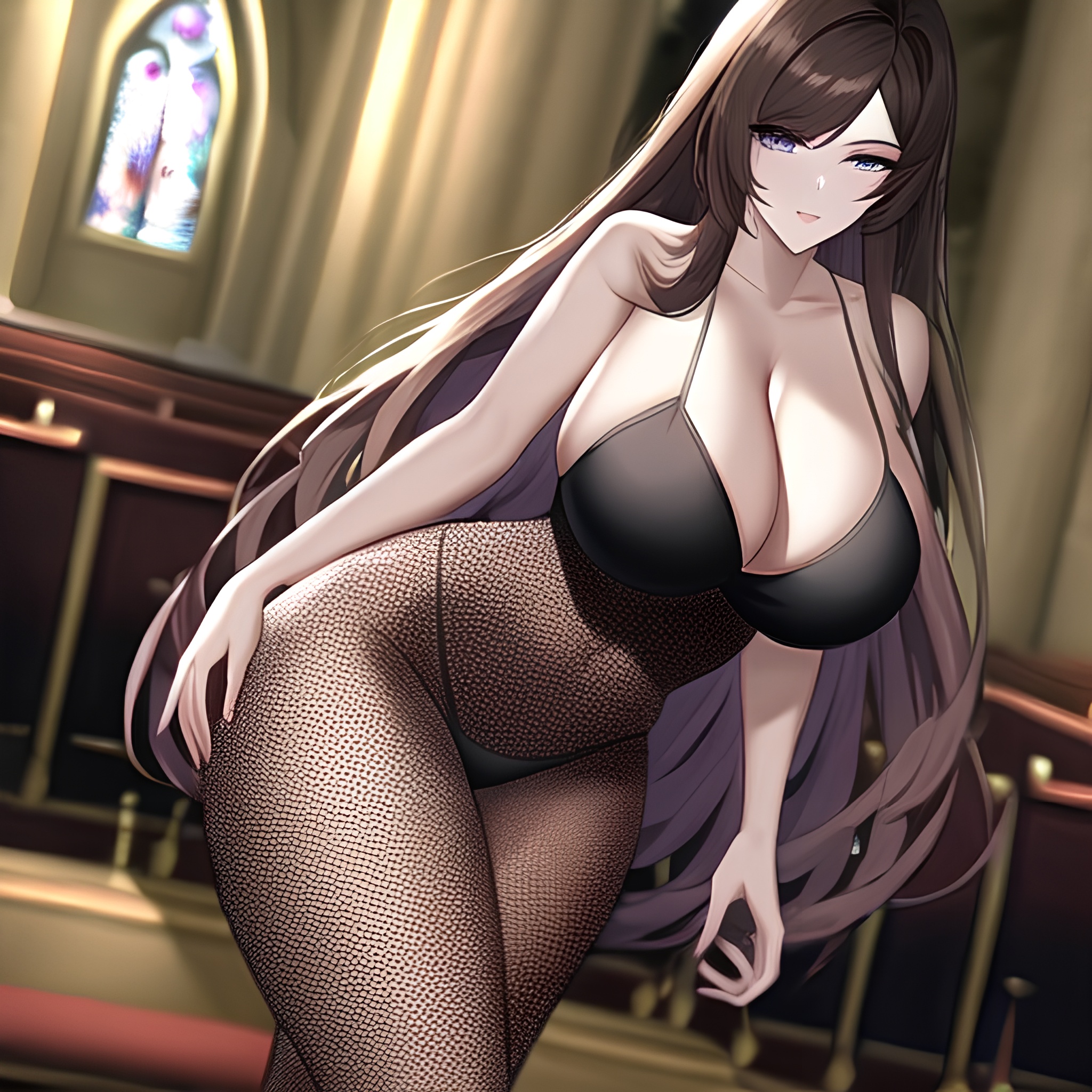 brunette messy hair fishnet woman church long hair 