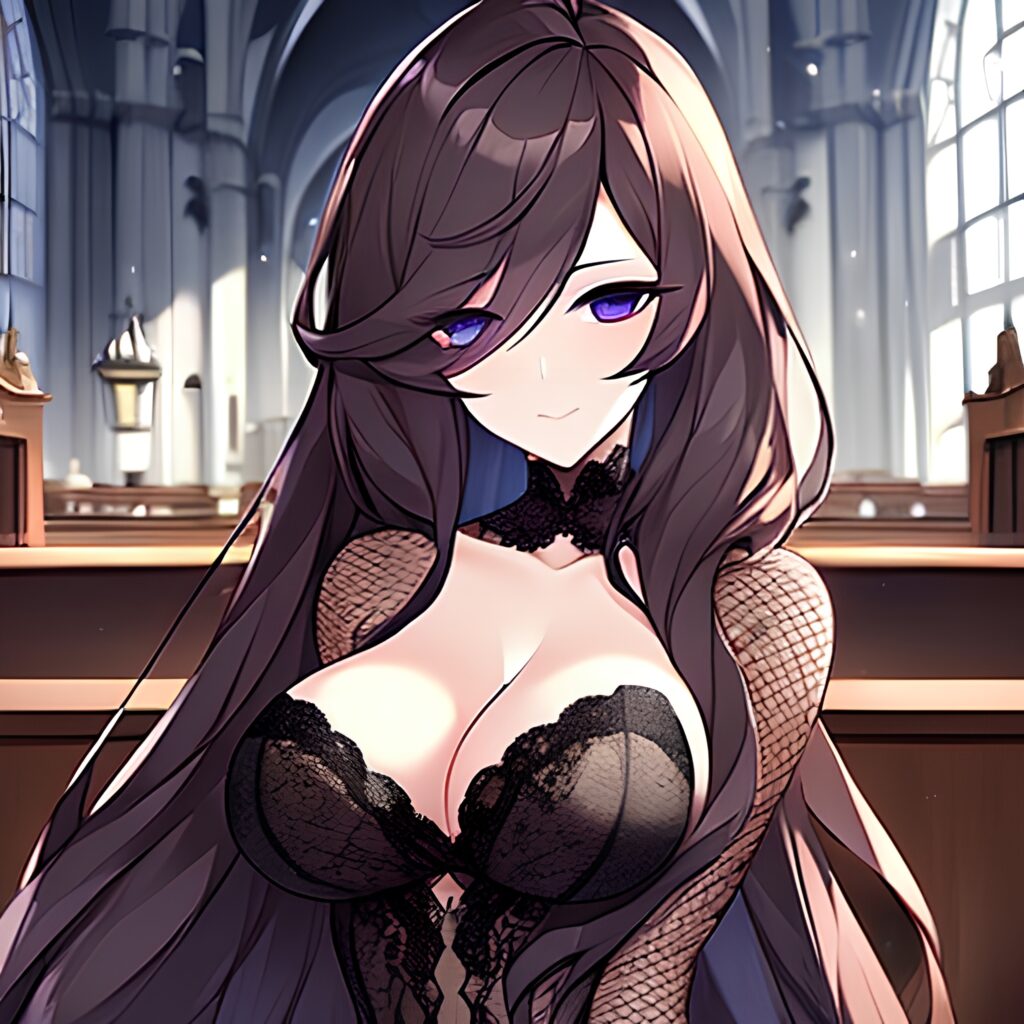 brunette messy hair fishnet woman church long hair 