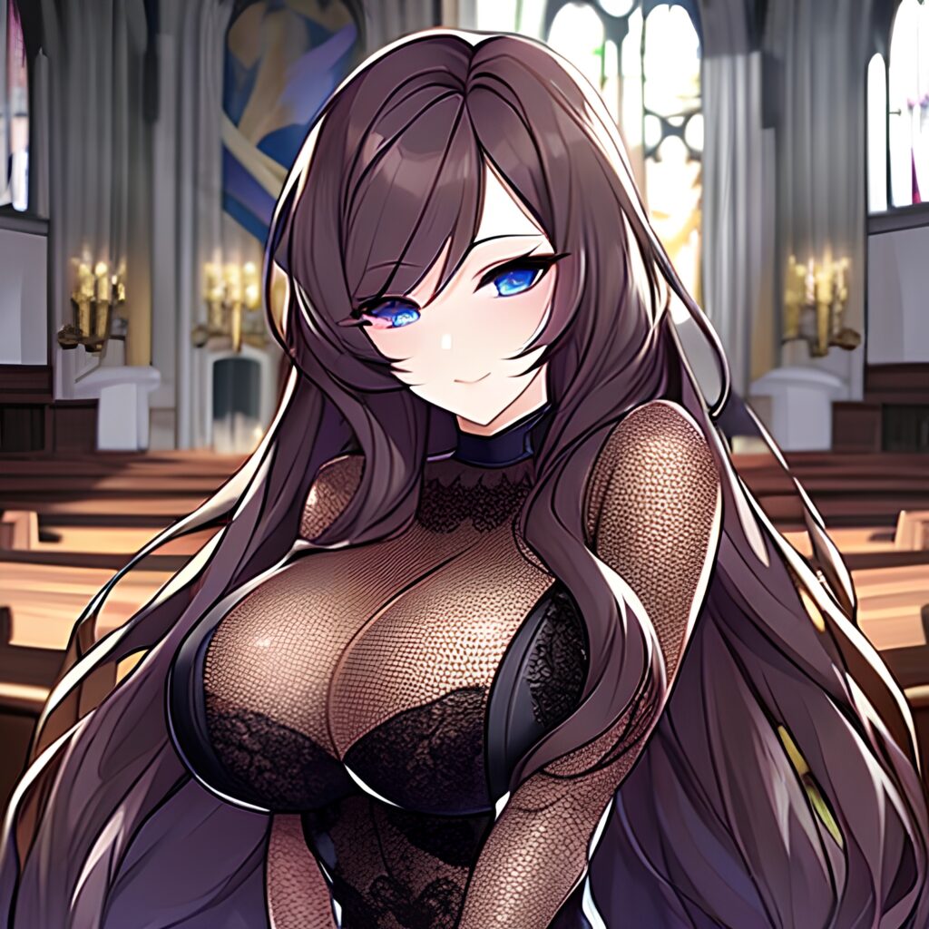 brunette messy hair fishnet woman long hair church 