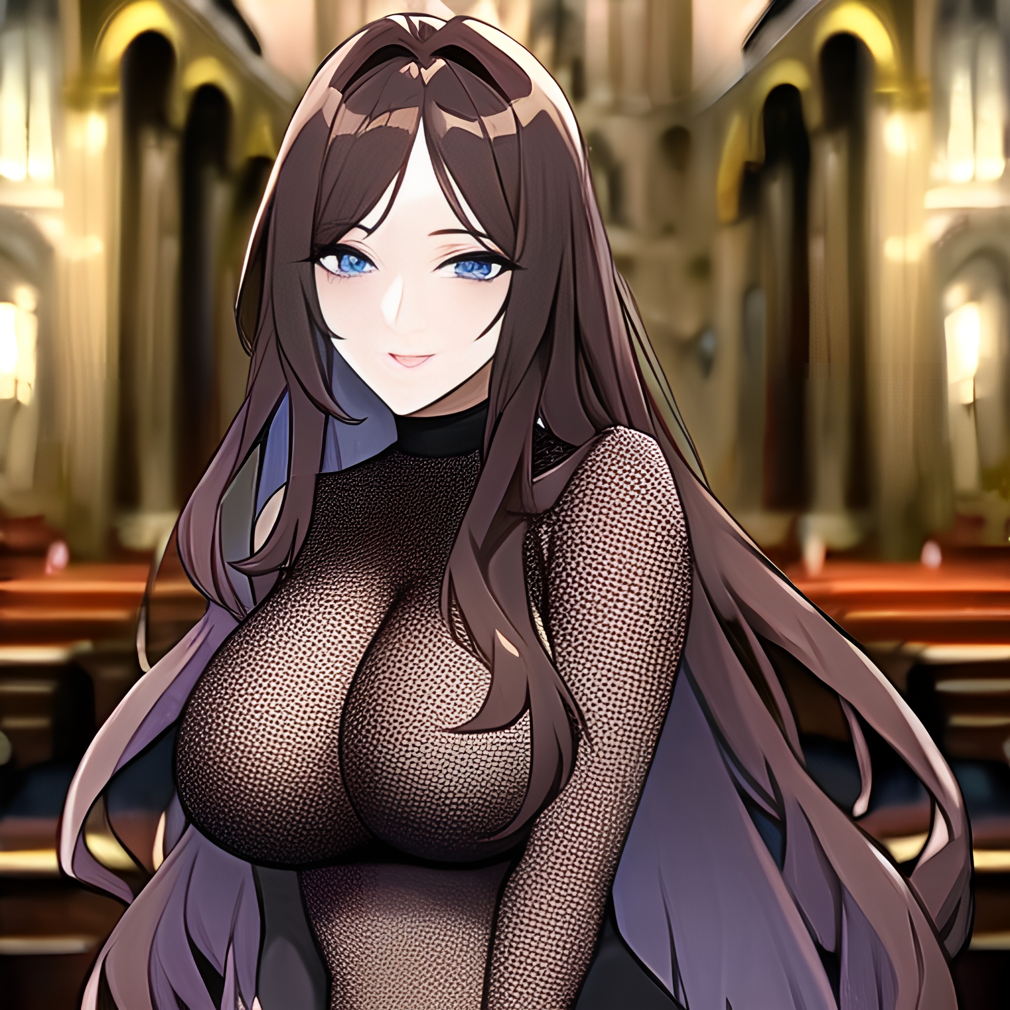 brunette messy hair fishnet woman long hair church 