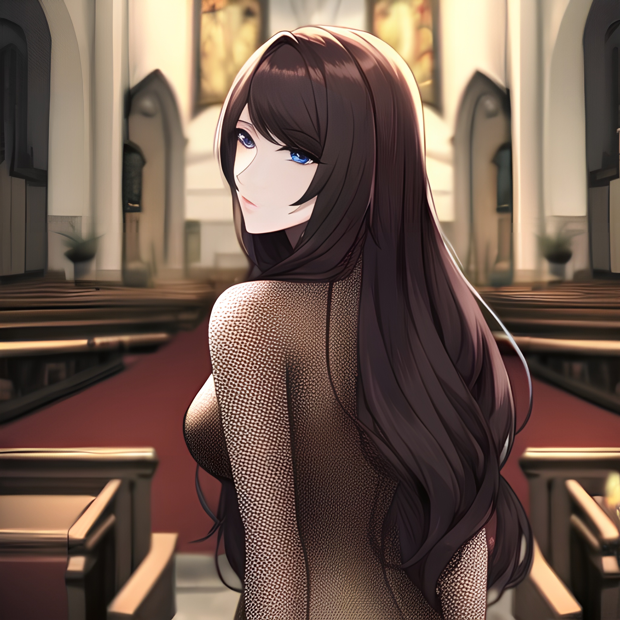 brunette messy hair fishnet woman long hair church 