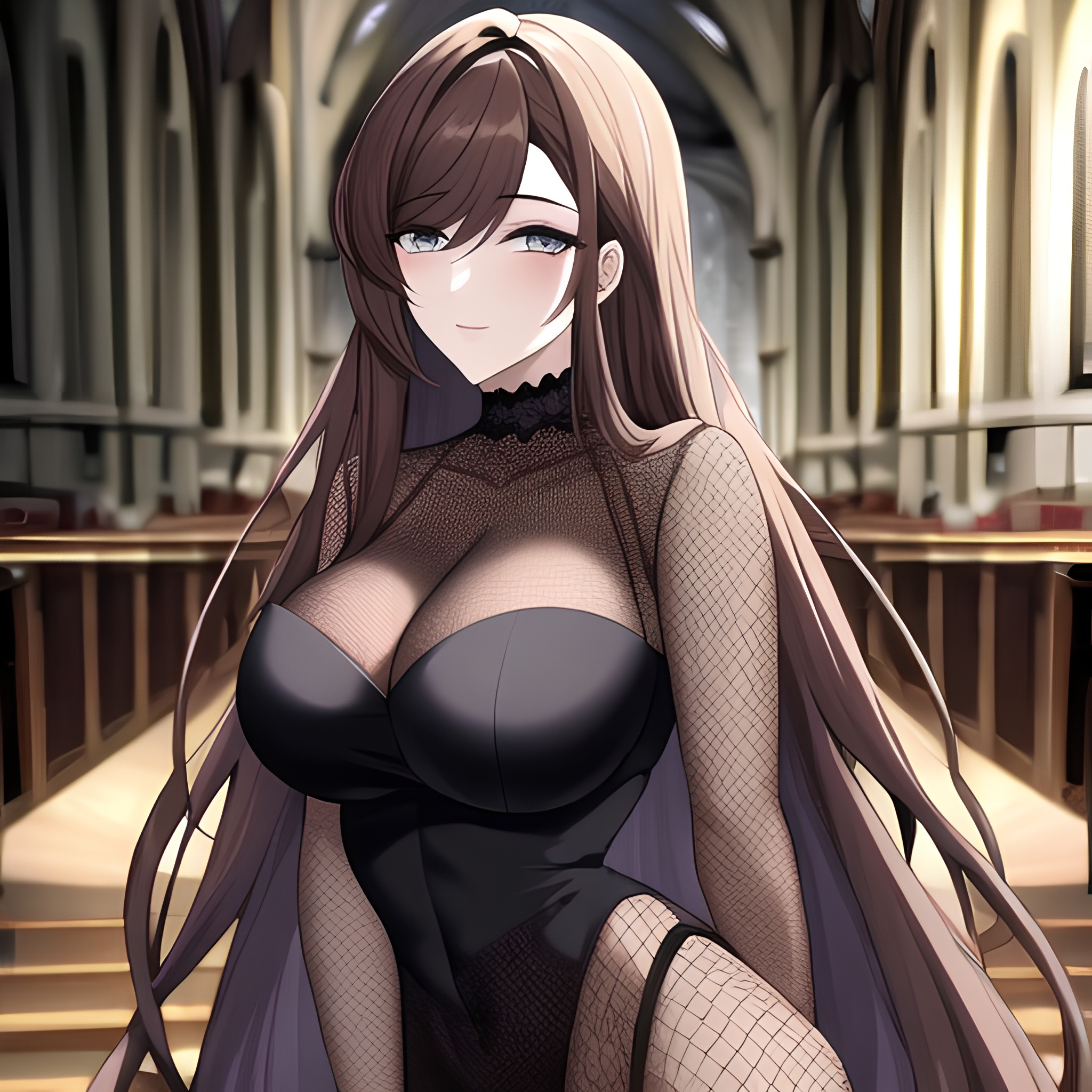 brunette messy hair fishnet woman long hair church 