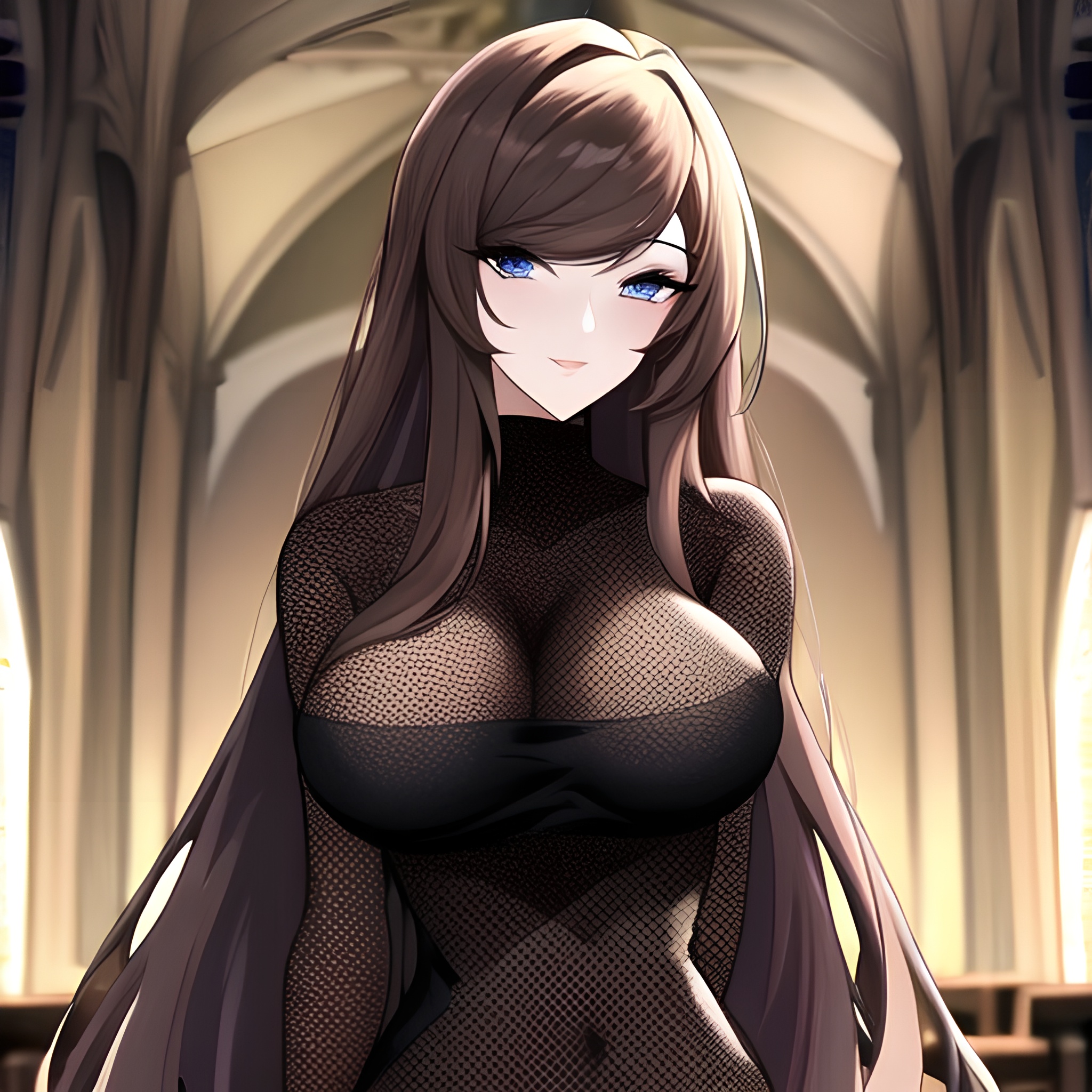 brunette messy hair fishnet woman long hair church 