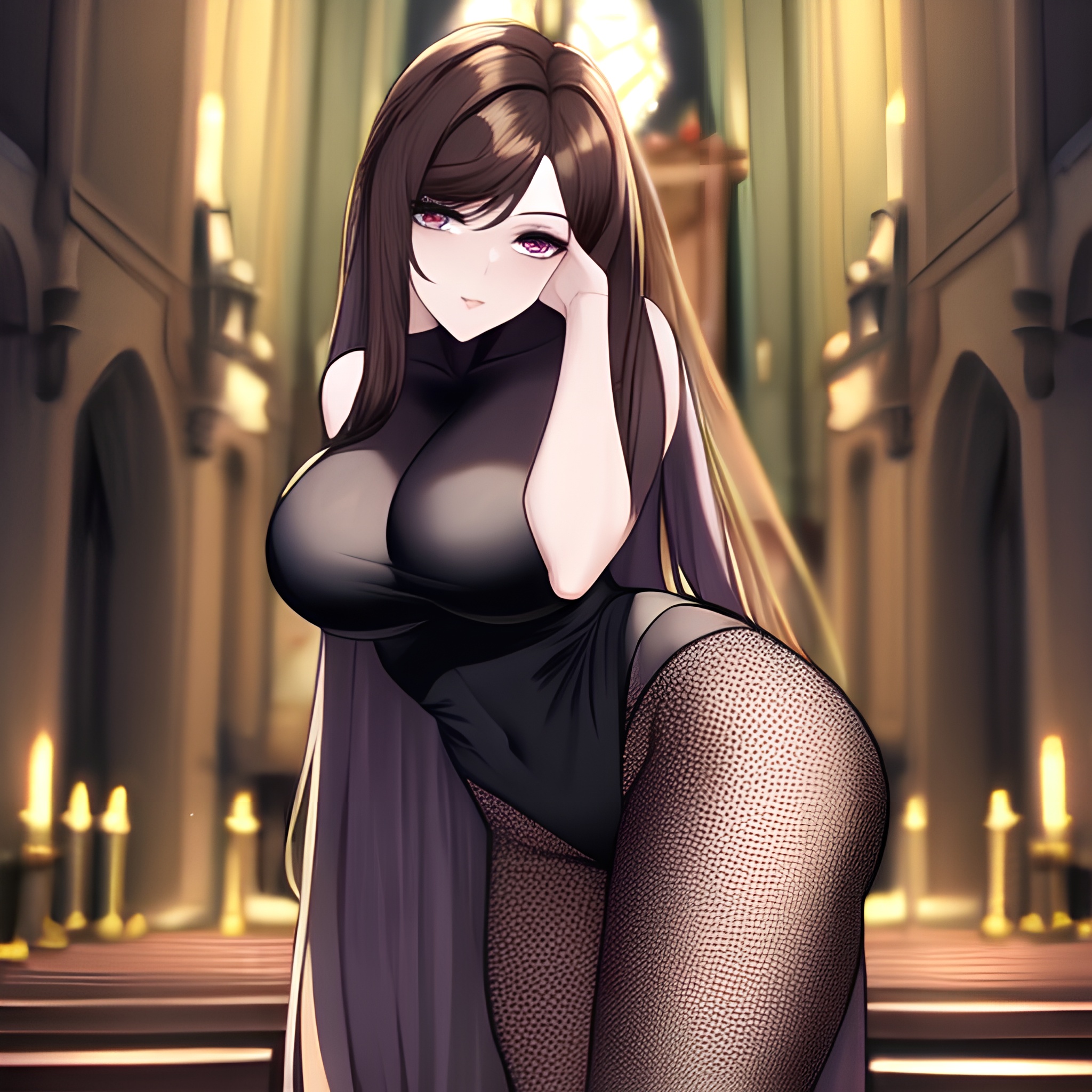 brunette messy hair fishnet woman long hair church 