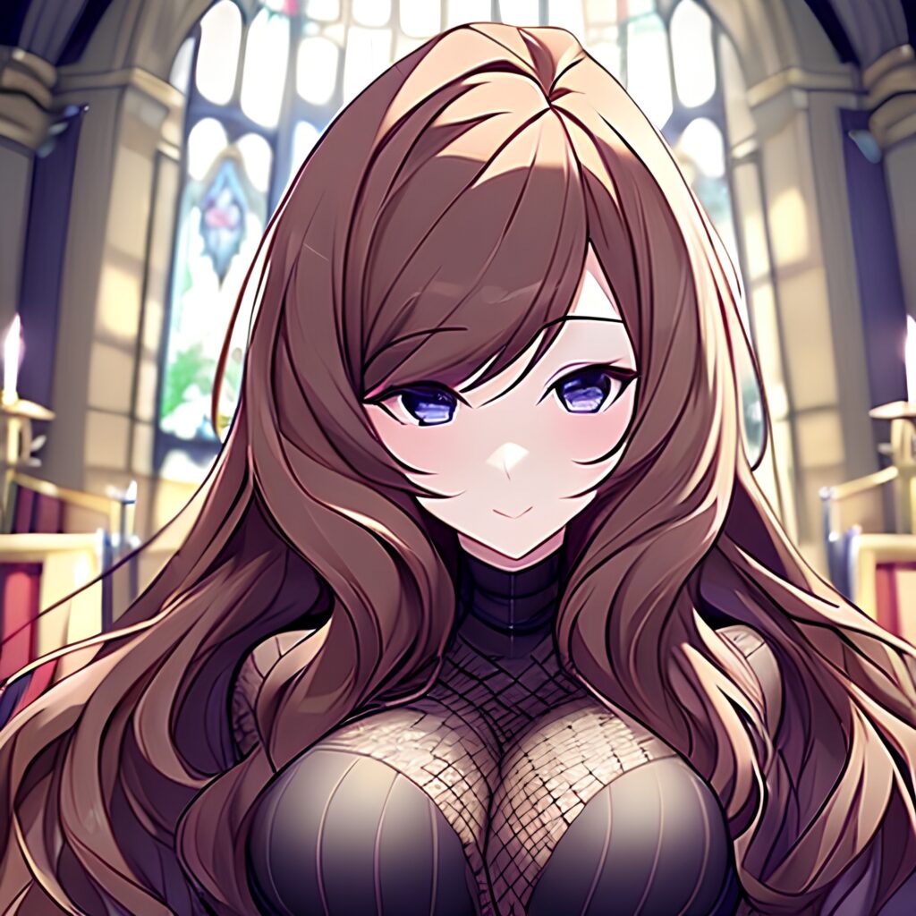 brunette messy hair long hair church woman fishnet 