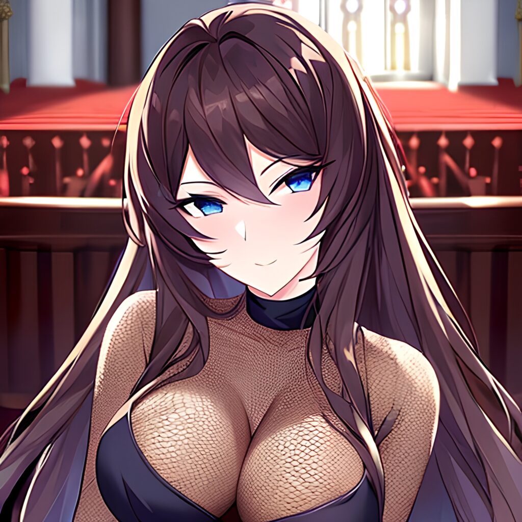 brunette messy hair long hair church woman fishnet 