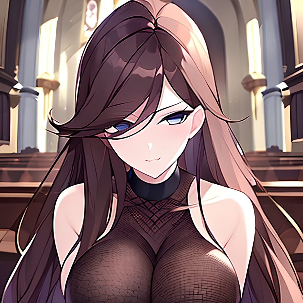 brunette messy hair long hair church woman fishnet 