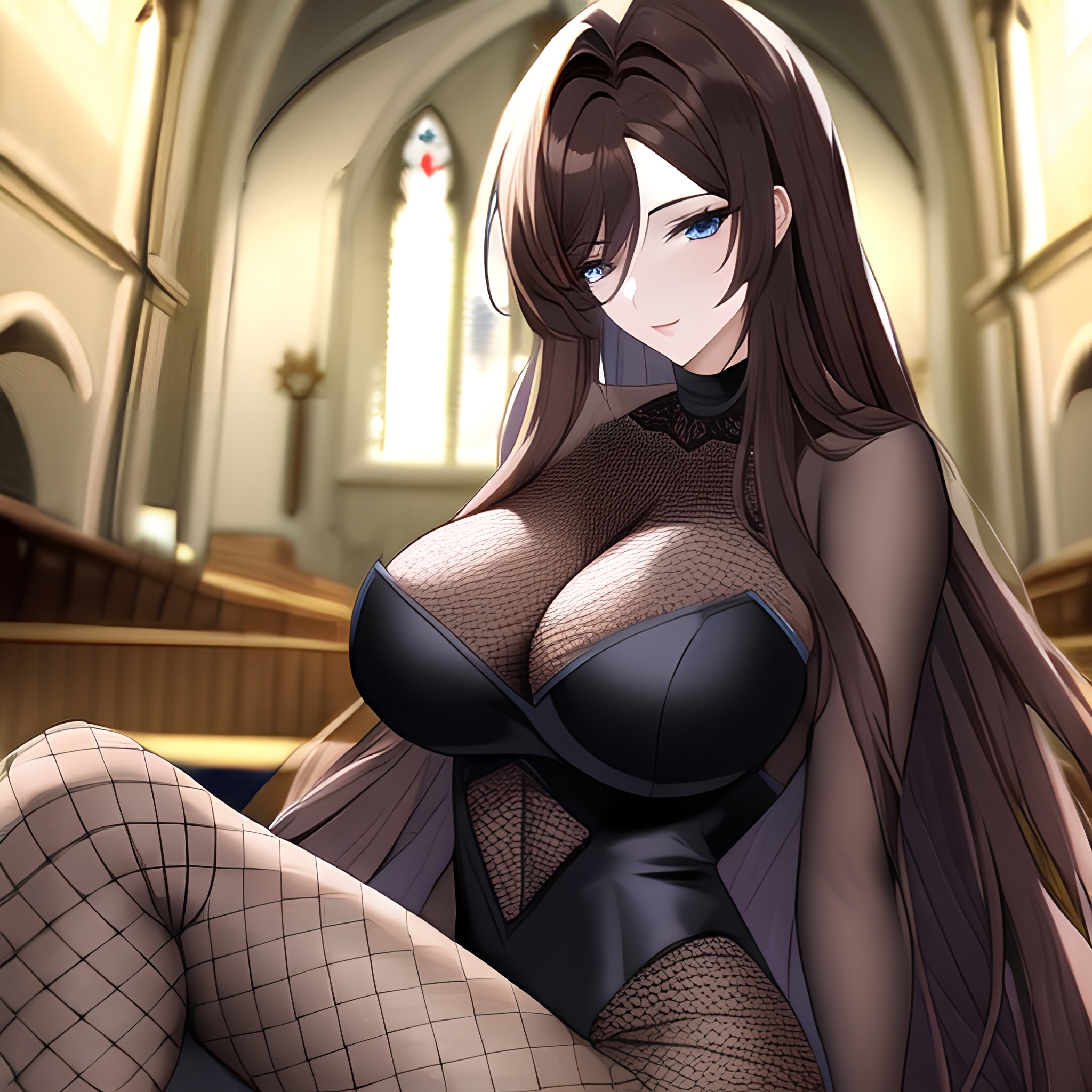 brunette messy hair long hair church woman fishnet 