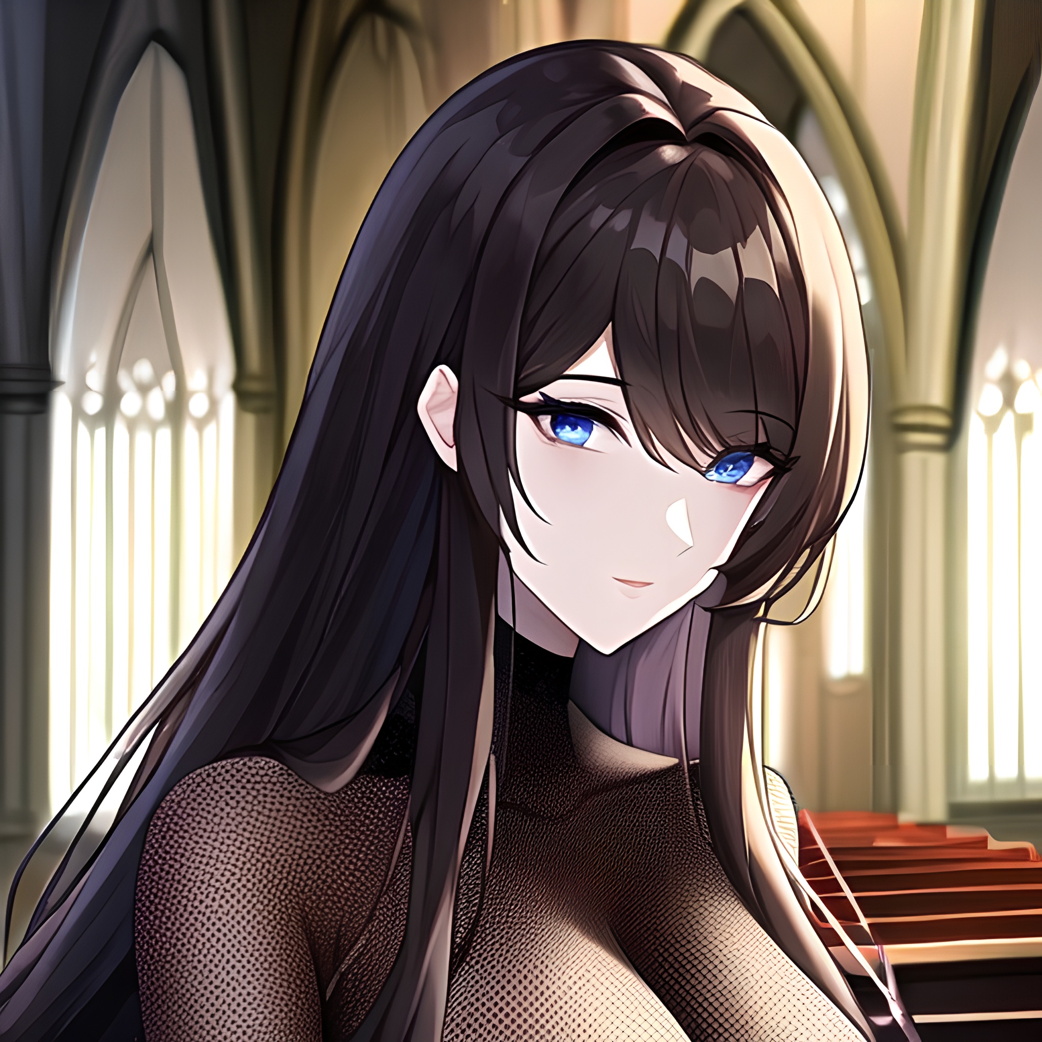 brunette messy hair long hair church woman fishnet 