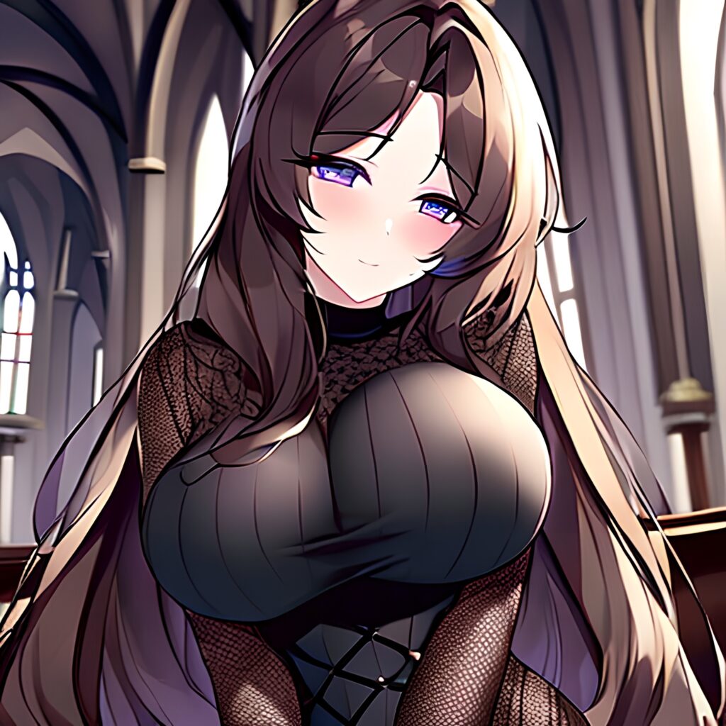 brunette messy hair long hair church woman fishnet 