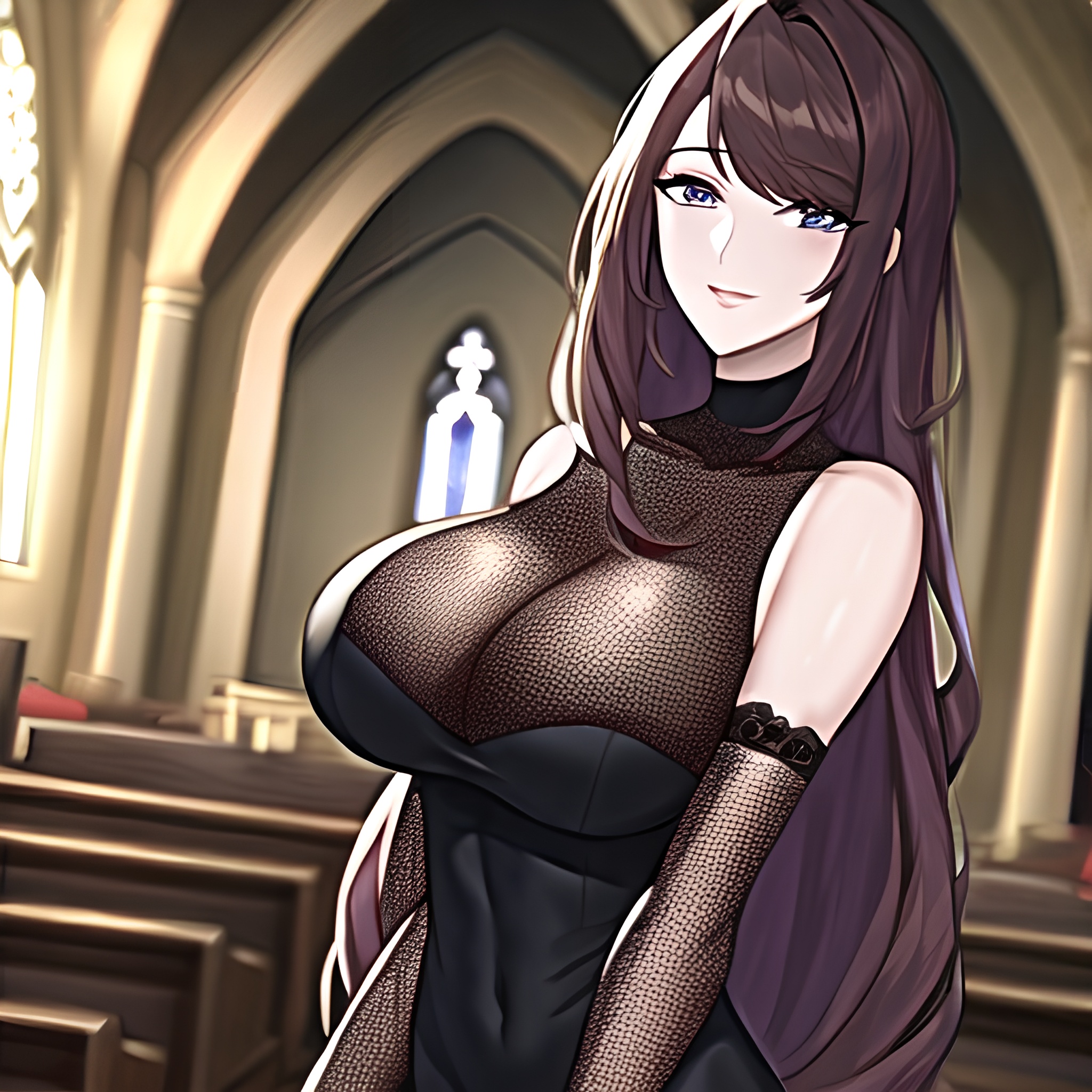 brunette messy hair long hair church woman fishnet 