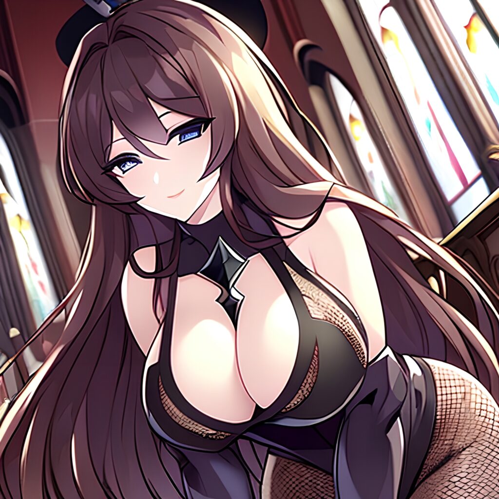 brunette messy hair long hair church woman fishnet 