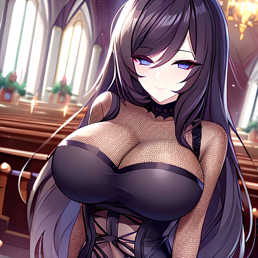 brunette messy hair long hair church woman fishnet 