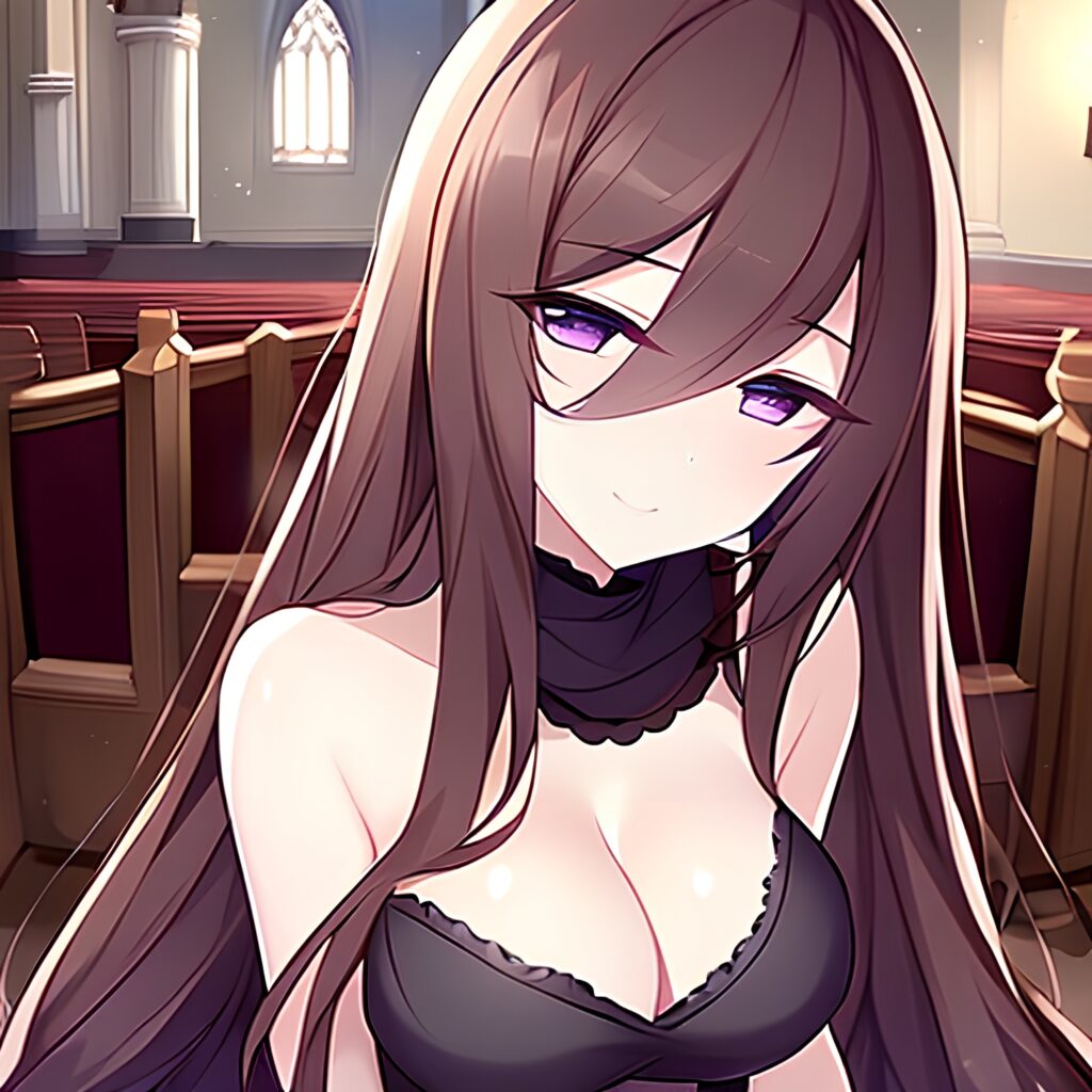 brunette messy hair long hair church woman fishnet 