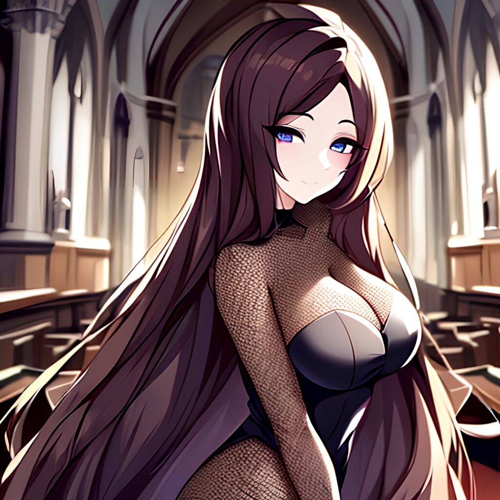 brunette messy hair long hair church woman fishnet 