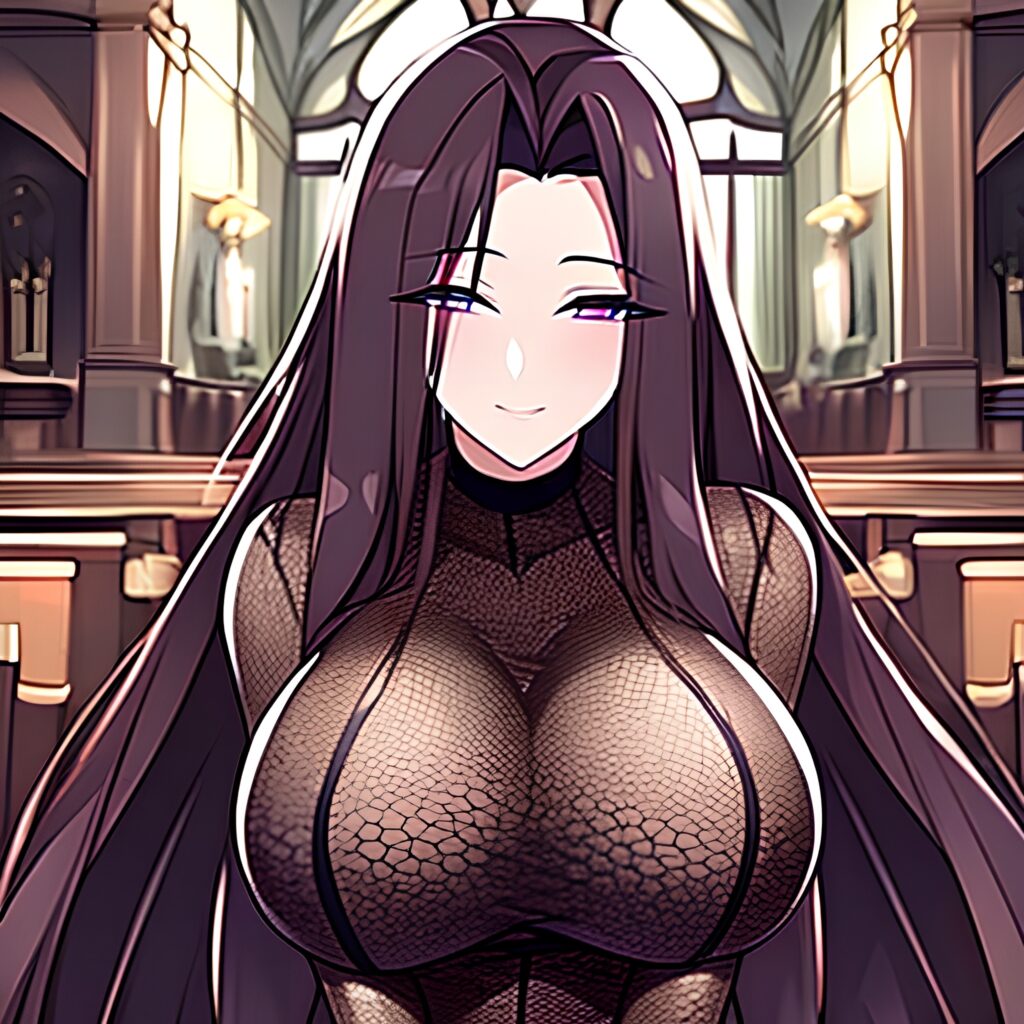 brunette messy hair long hair fishnet church woman 