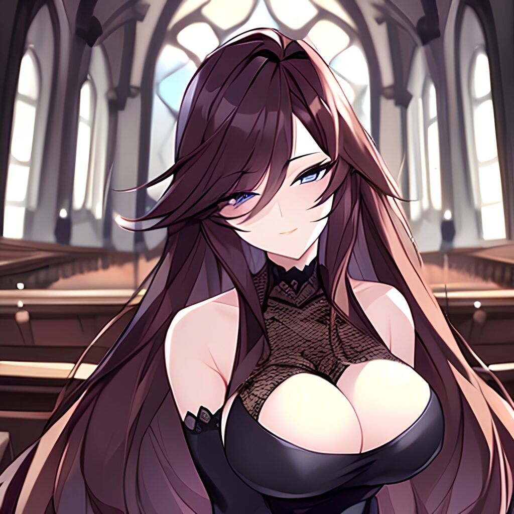 brunette messy hair long hair fishnet church woman