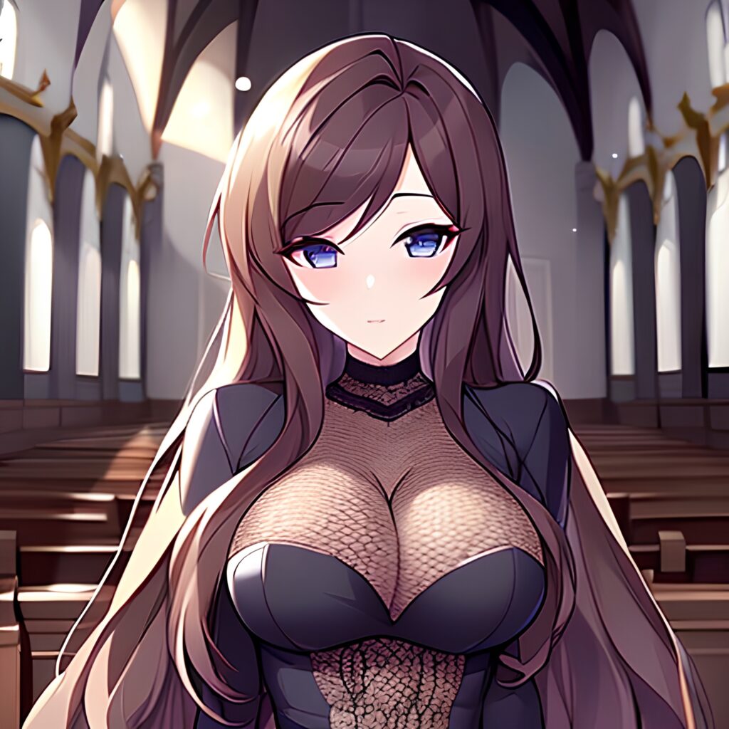brunette messy hair long hair fishnet church woman 