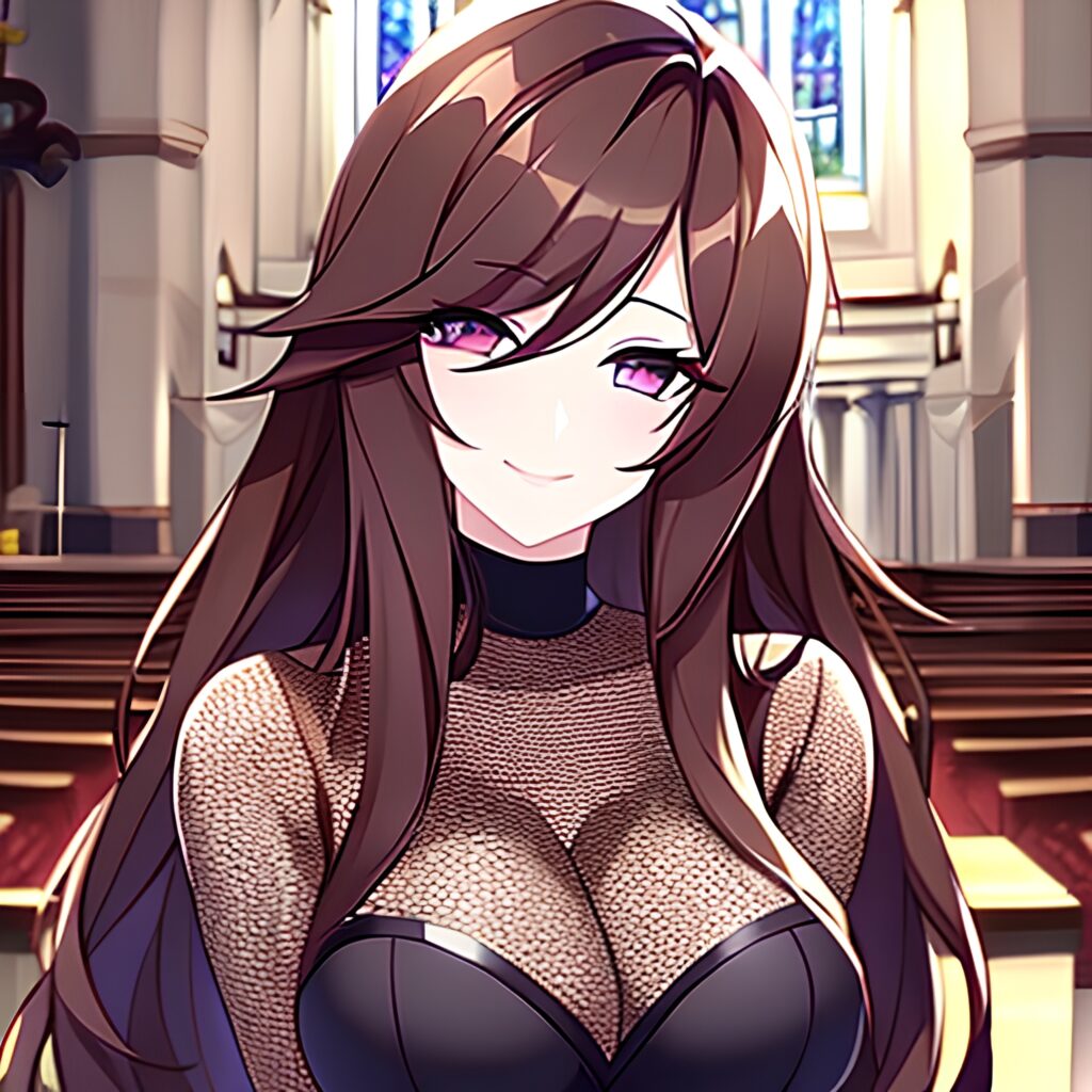 brunette messy hair long hair fishnet woman church 