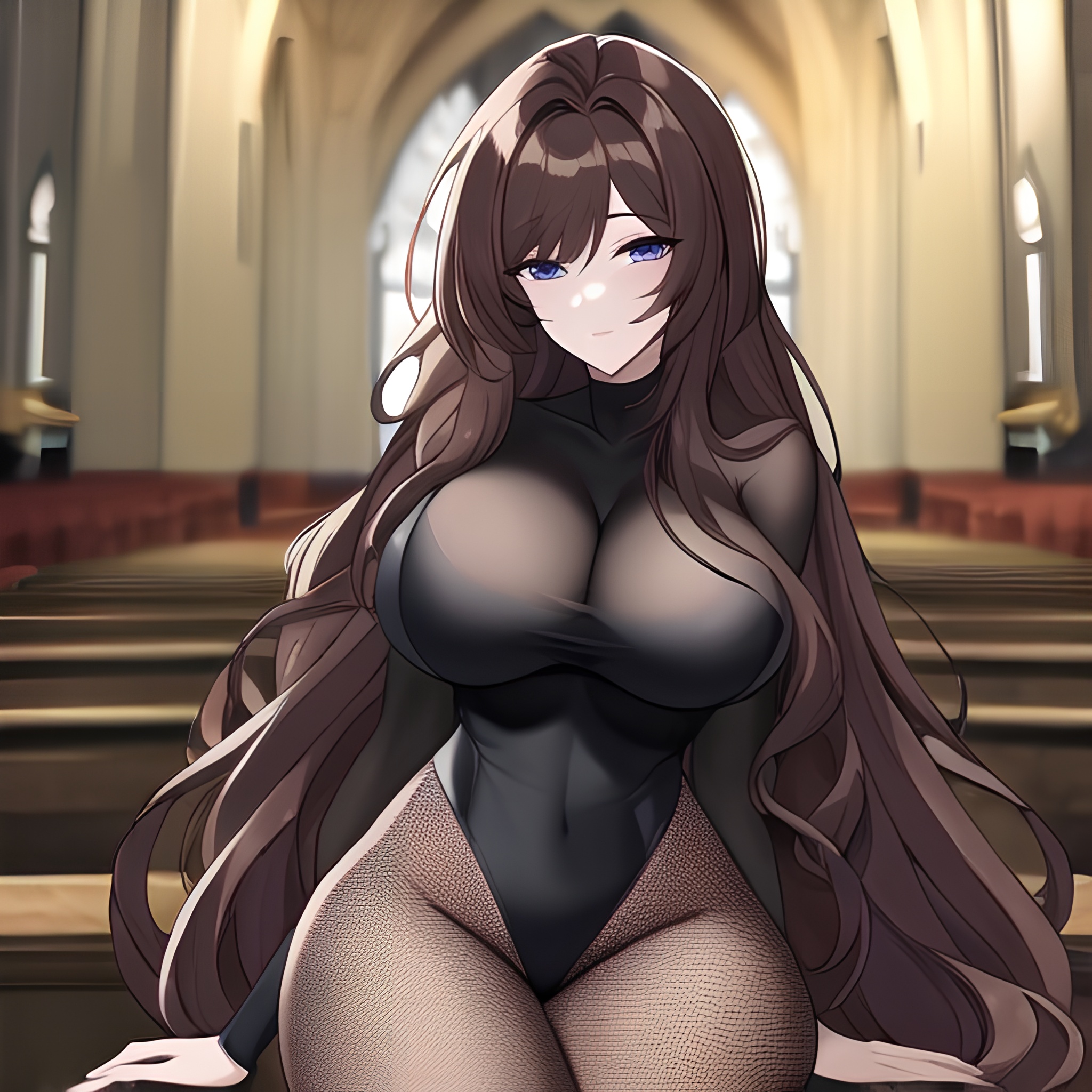 brunette messy hair long hair fishnet woman church 