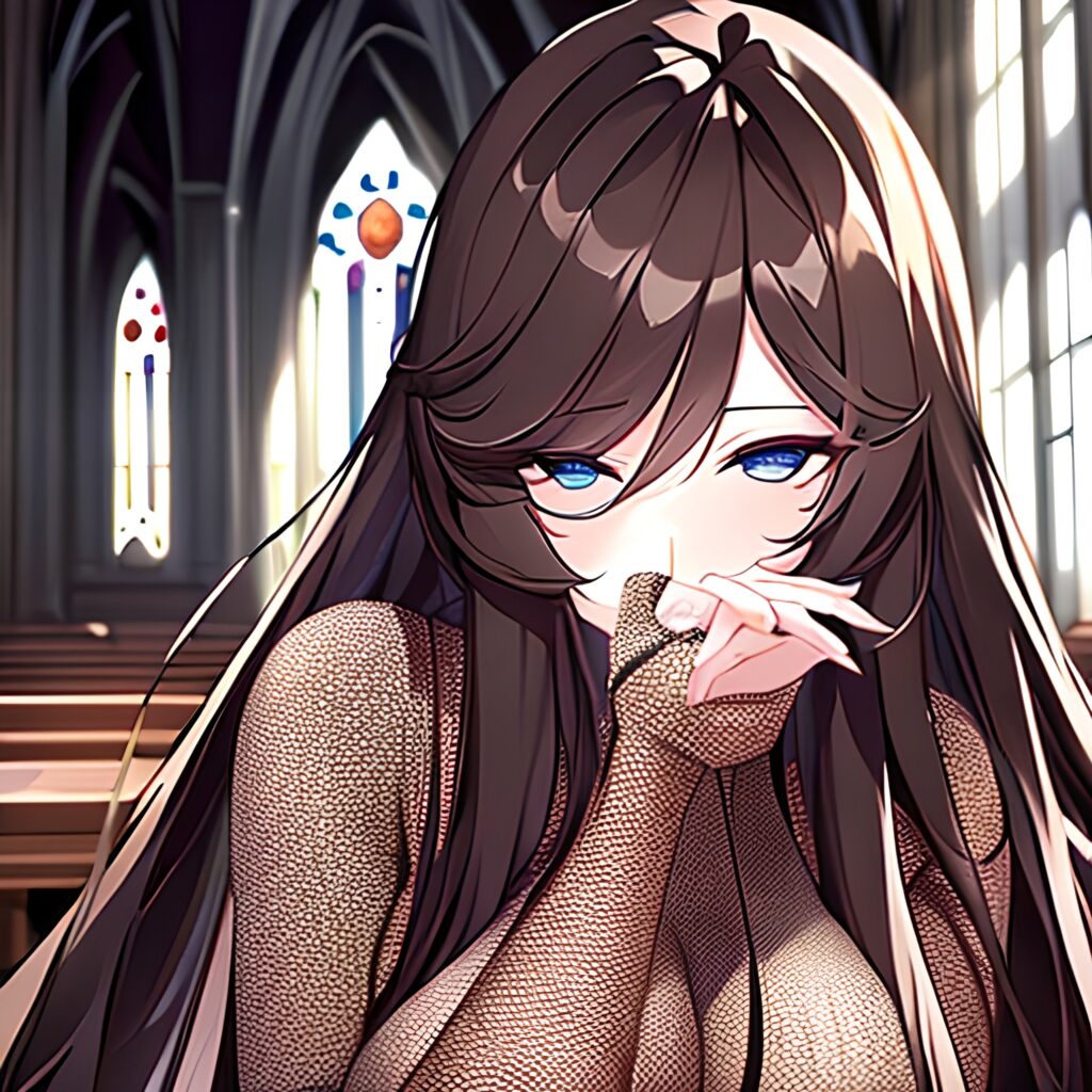 brunette messy hair long hair fishnet woman church 