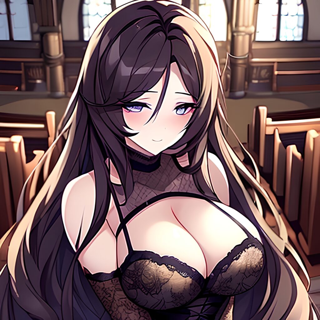 brunette messy hair long hair woman church fishnet 