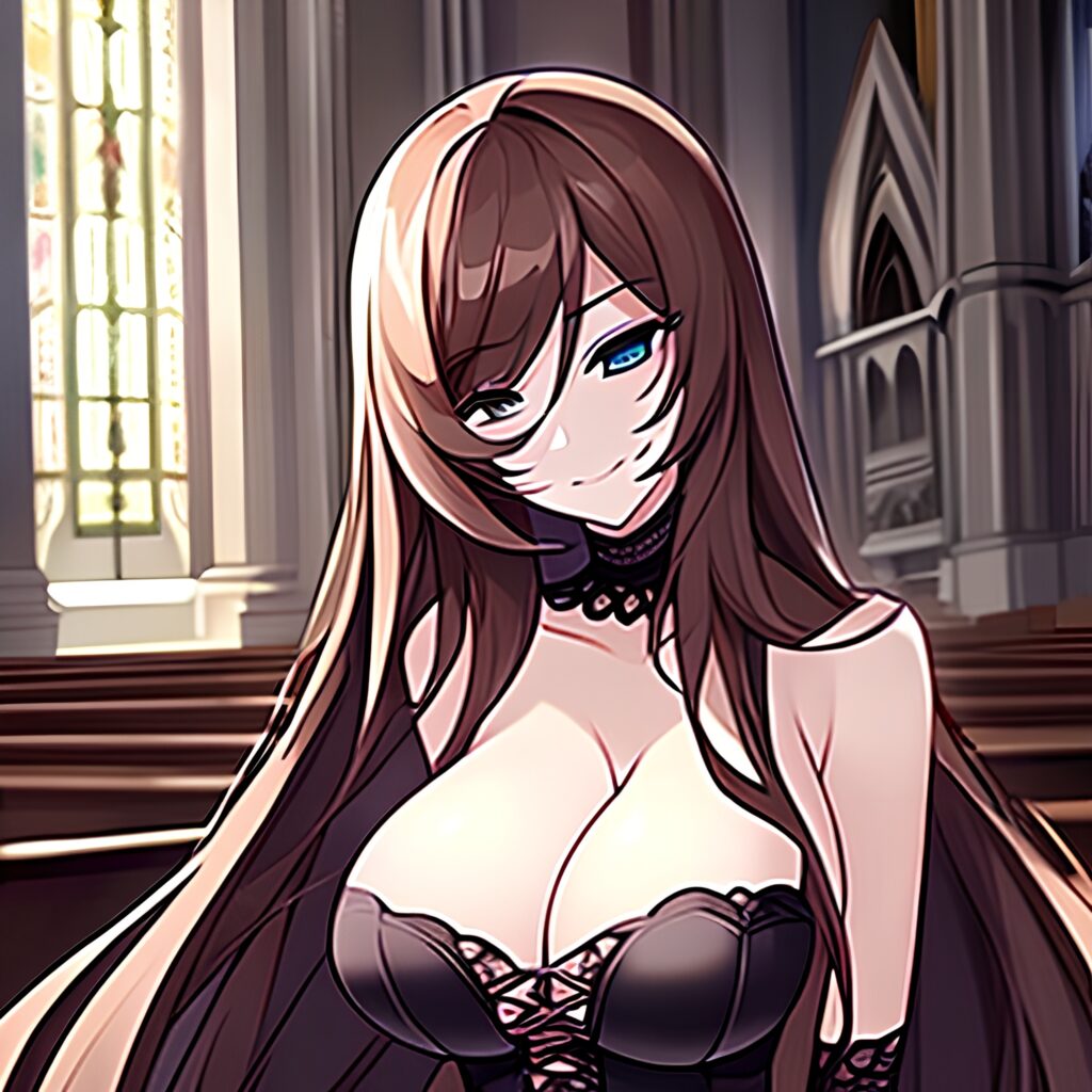 brunette messy hair long hair woman church fishnet 