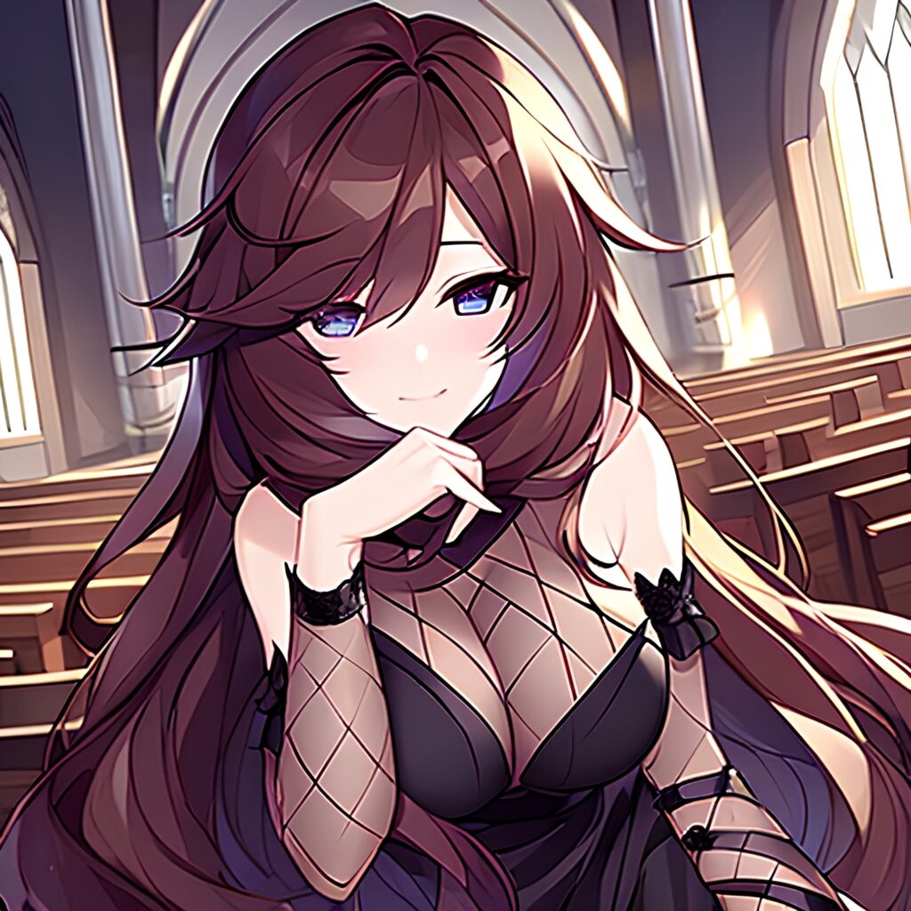 brunette messy hair long hair woman church fishnet 